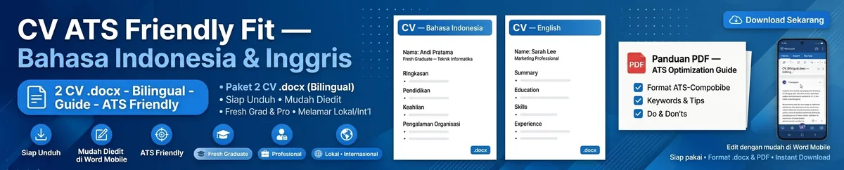 CV ATS Friendly Bahasa Indonesia dan Inggris - 2 CV docx dan panduan PDF