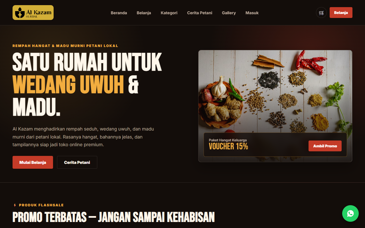 Tampilan desktop Al Kazam Herbal  Toko Rempah & Madu Lokal