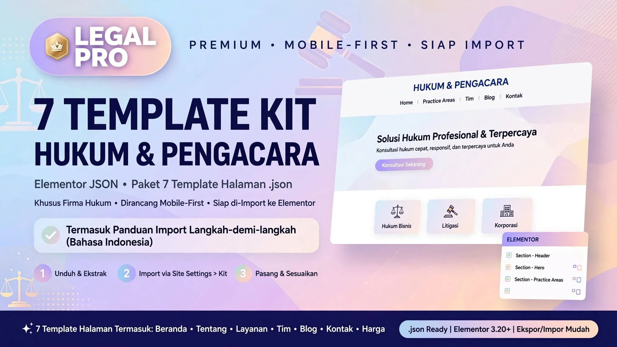 7 Template Kit Hukum & Pengacara Elementor JSON