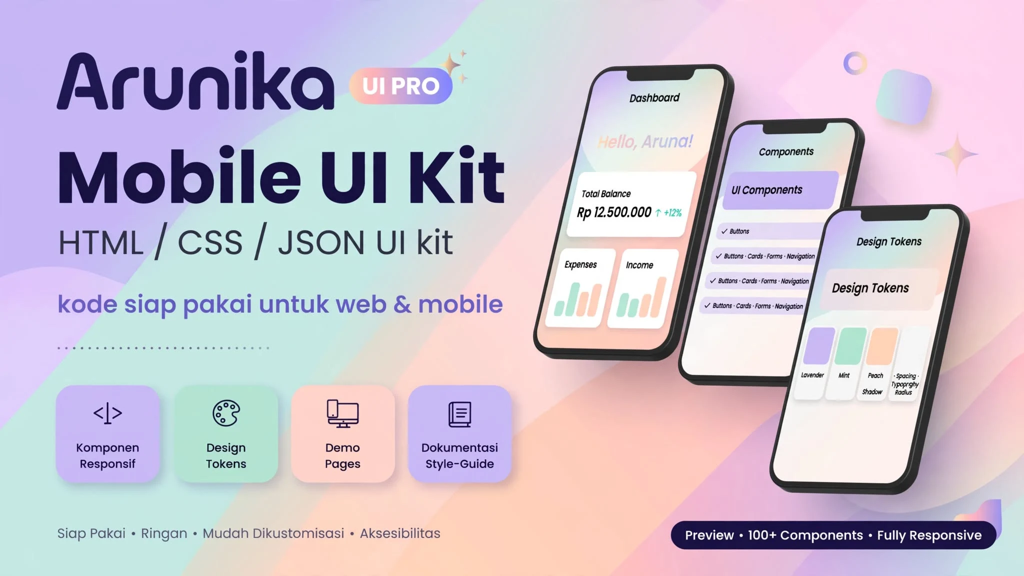 Arunika Mobile UI Kit — HTML/CSS/JSON