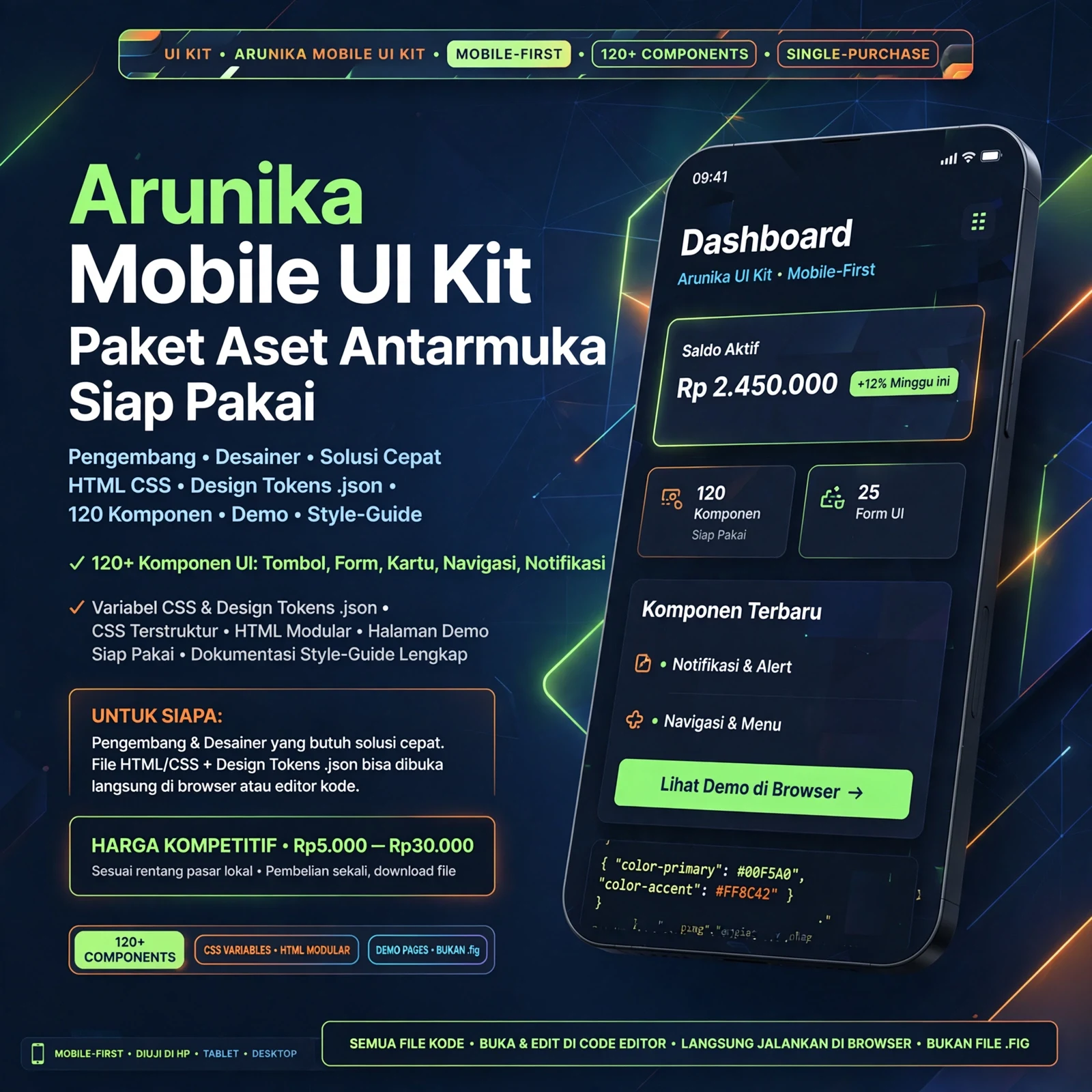 Arunika Mobile UI Kit — HTML/CSS/JSON
