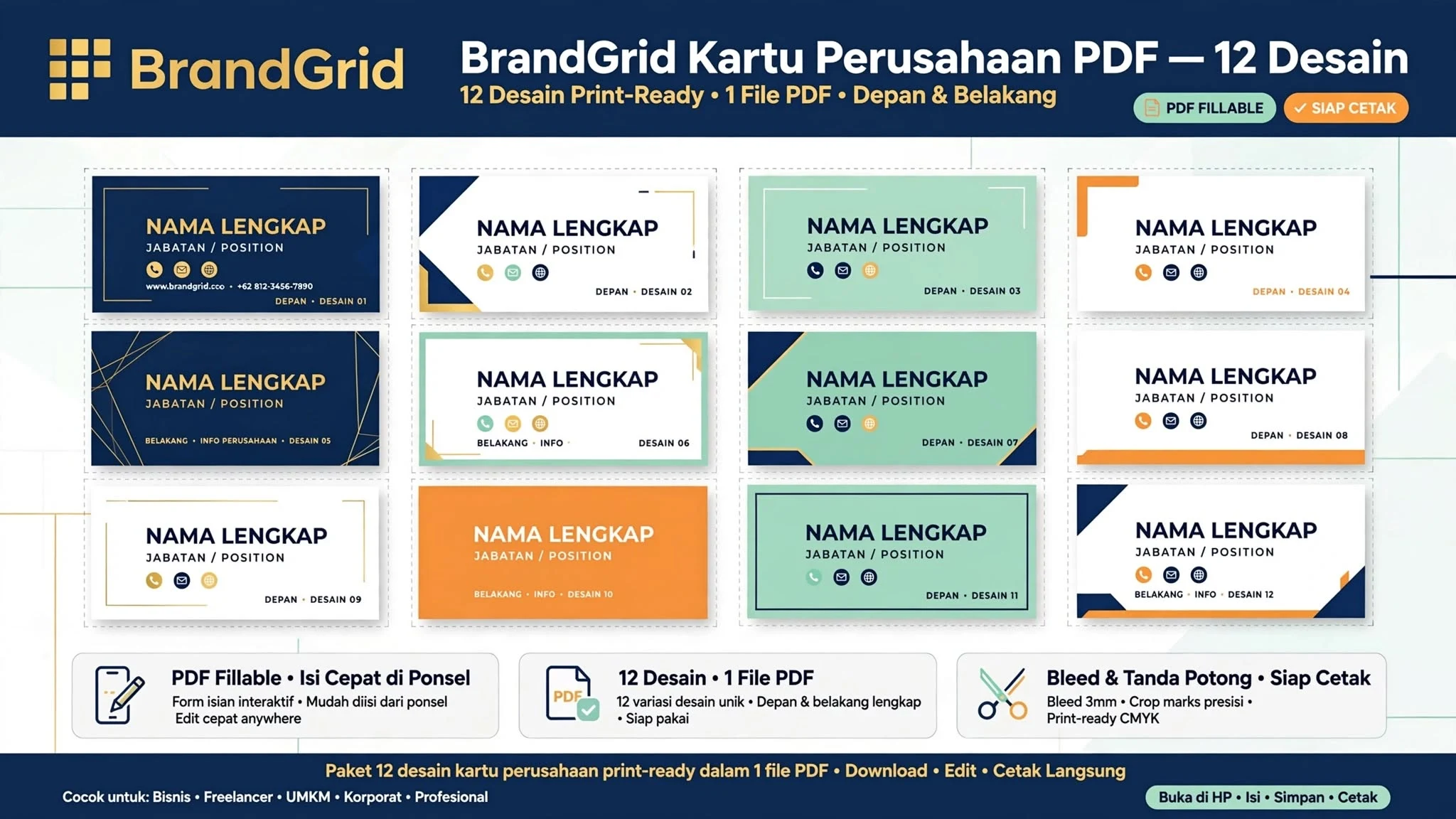 BrandGrid Kartu Perusahaan PDF — 12 Desain
