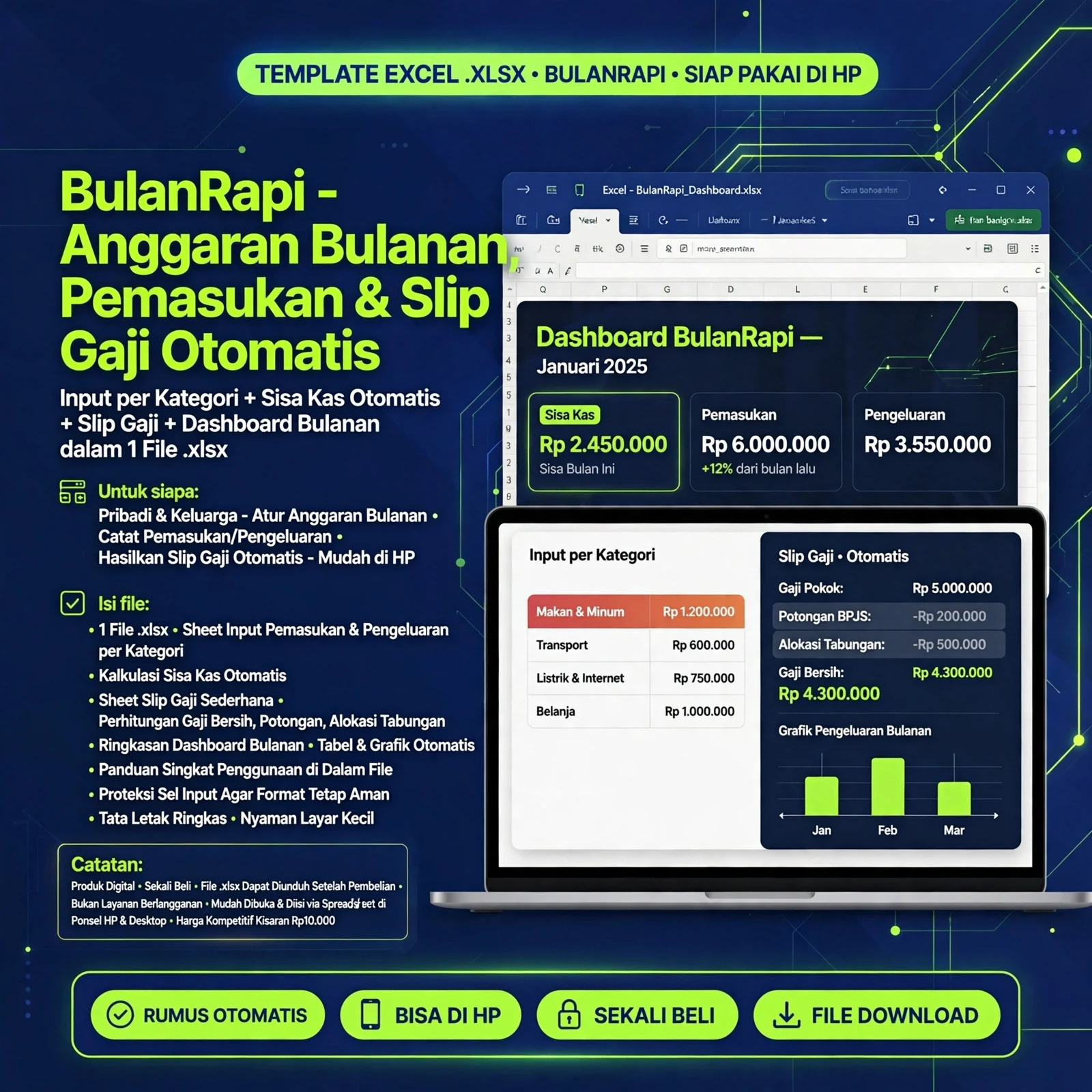 BulanRapi Excel (.xlsx) — Anggaran & Slip Gaji