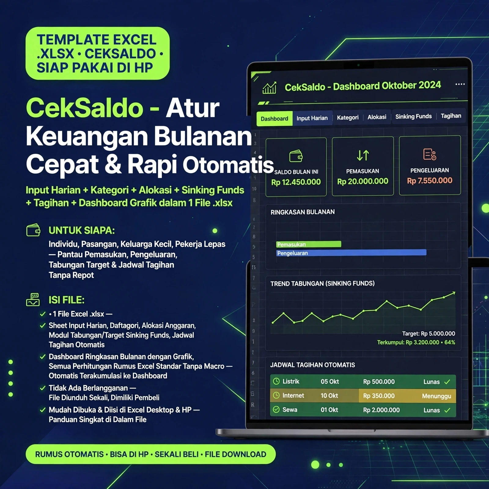 CekSaldo Excel — Anggaran & Ringkasan Bulanan