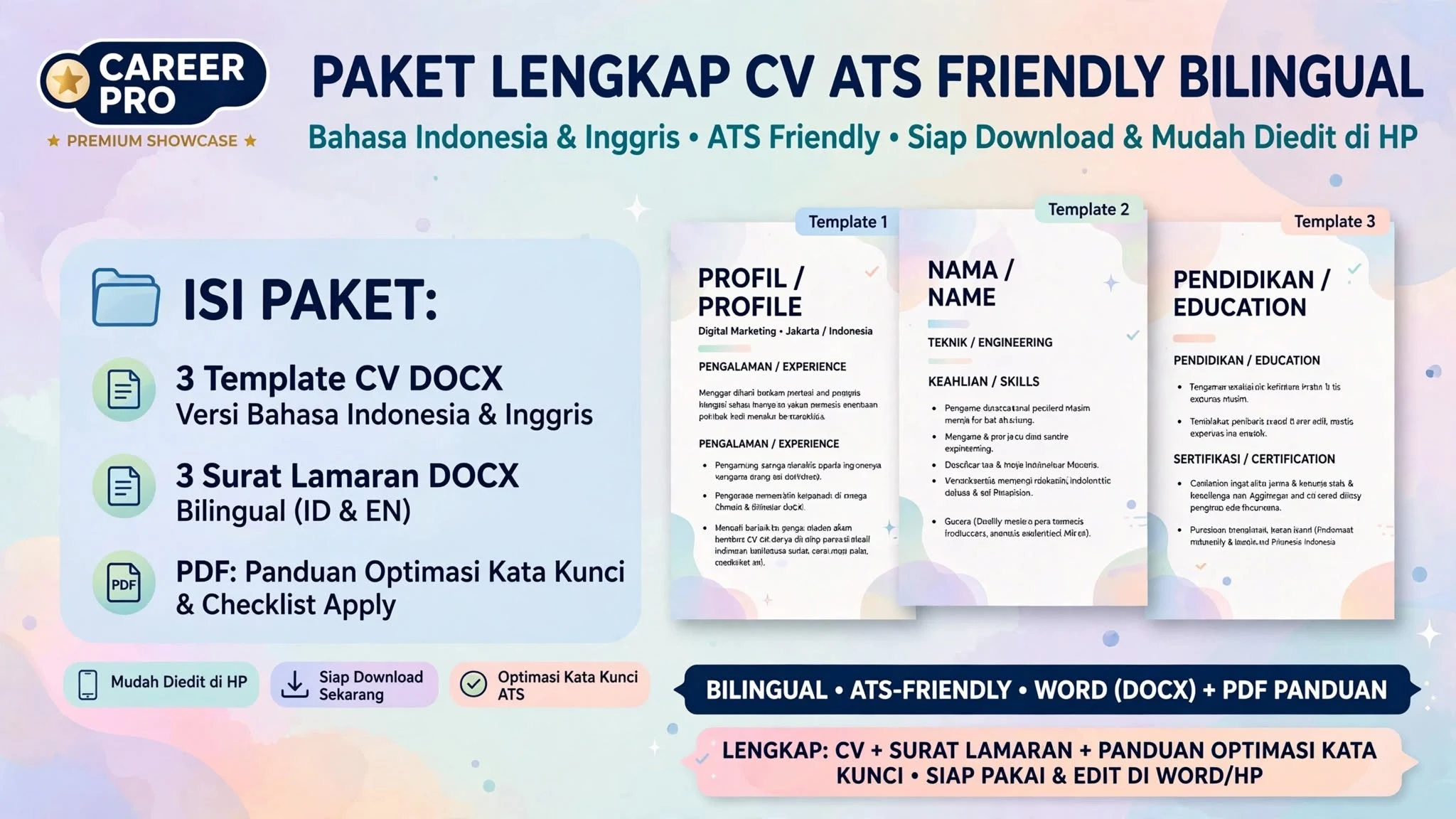 CV ATS Friendly (Bahasa Indonesia & Inggris) Paket Lengkap