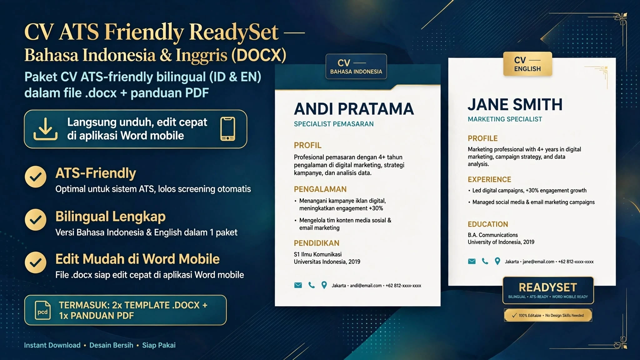 CV ATS Friendly ReadySet — Bahasa Indonesia & Inggris (DOCX)