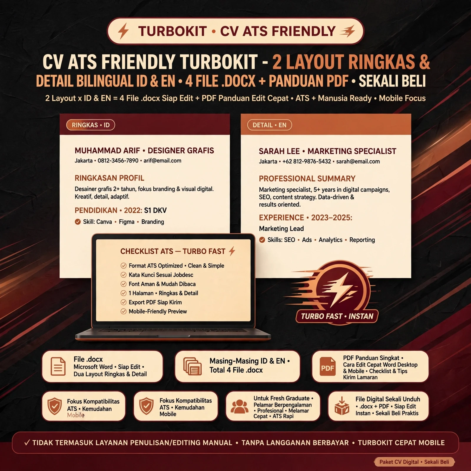 CV ATS Friendly TurboKit — Bahasa Indonesia & Inggris (DOCX)