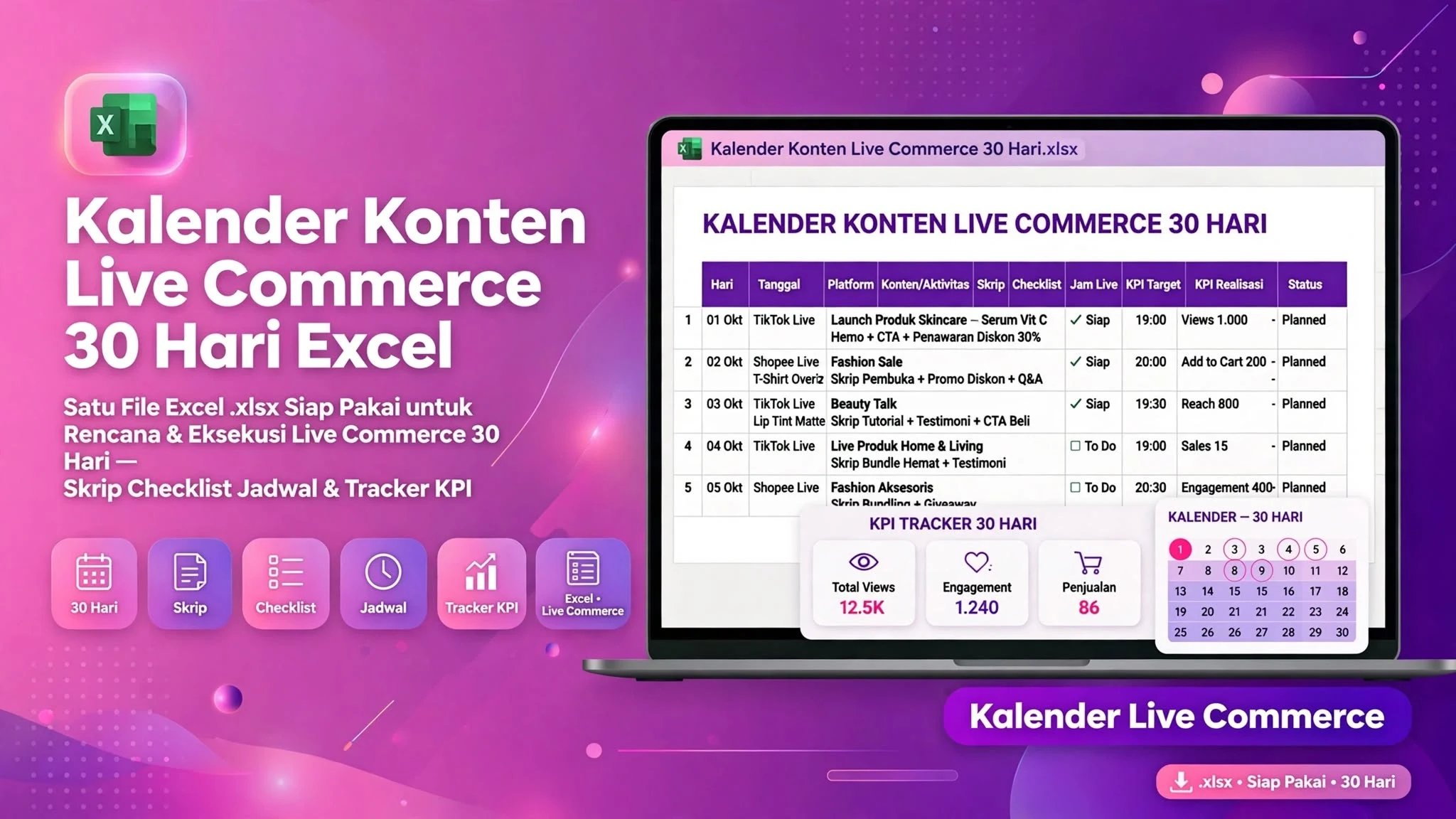 Kalender Konten Live Commerce 30 Hari (Excel)