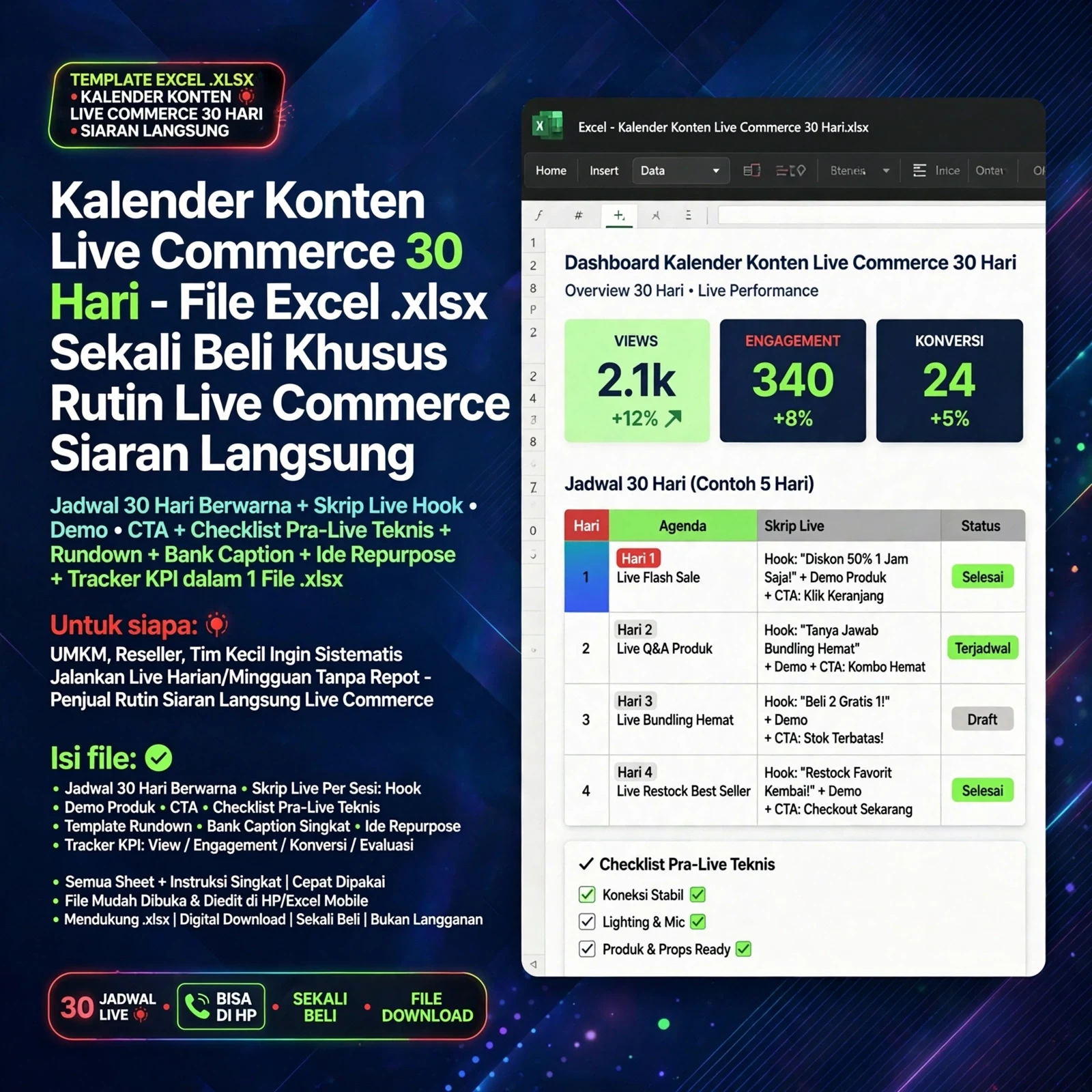 Kalender Konten Live Commerce 30 Hari (Excel)