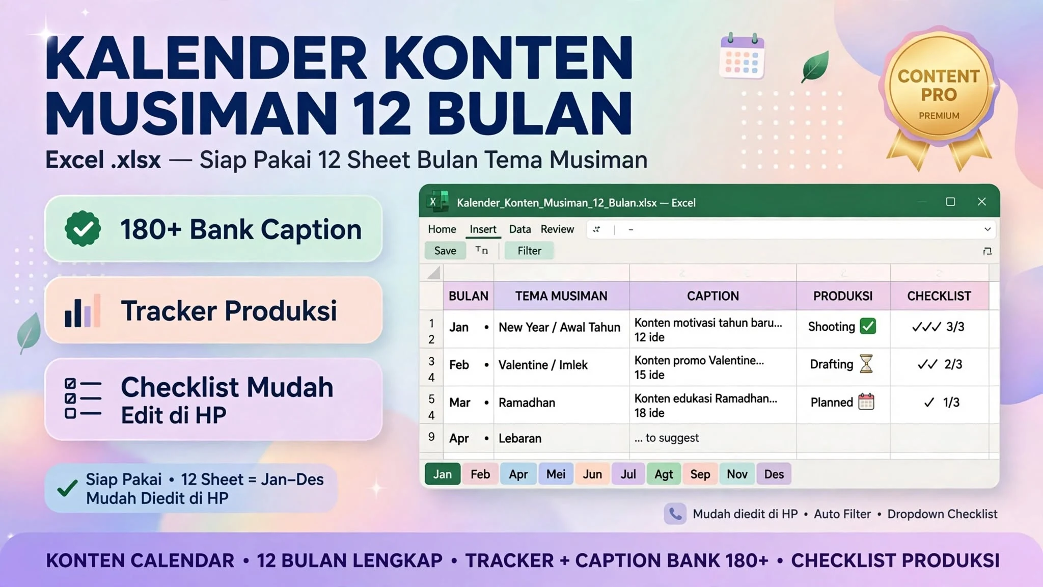 Kalender Konten Musiman 12 Bulan (Excel)