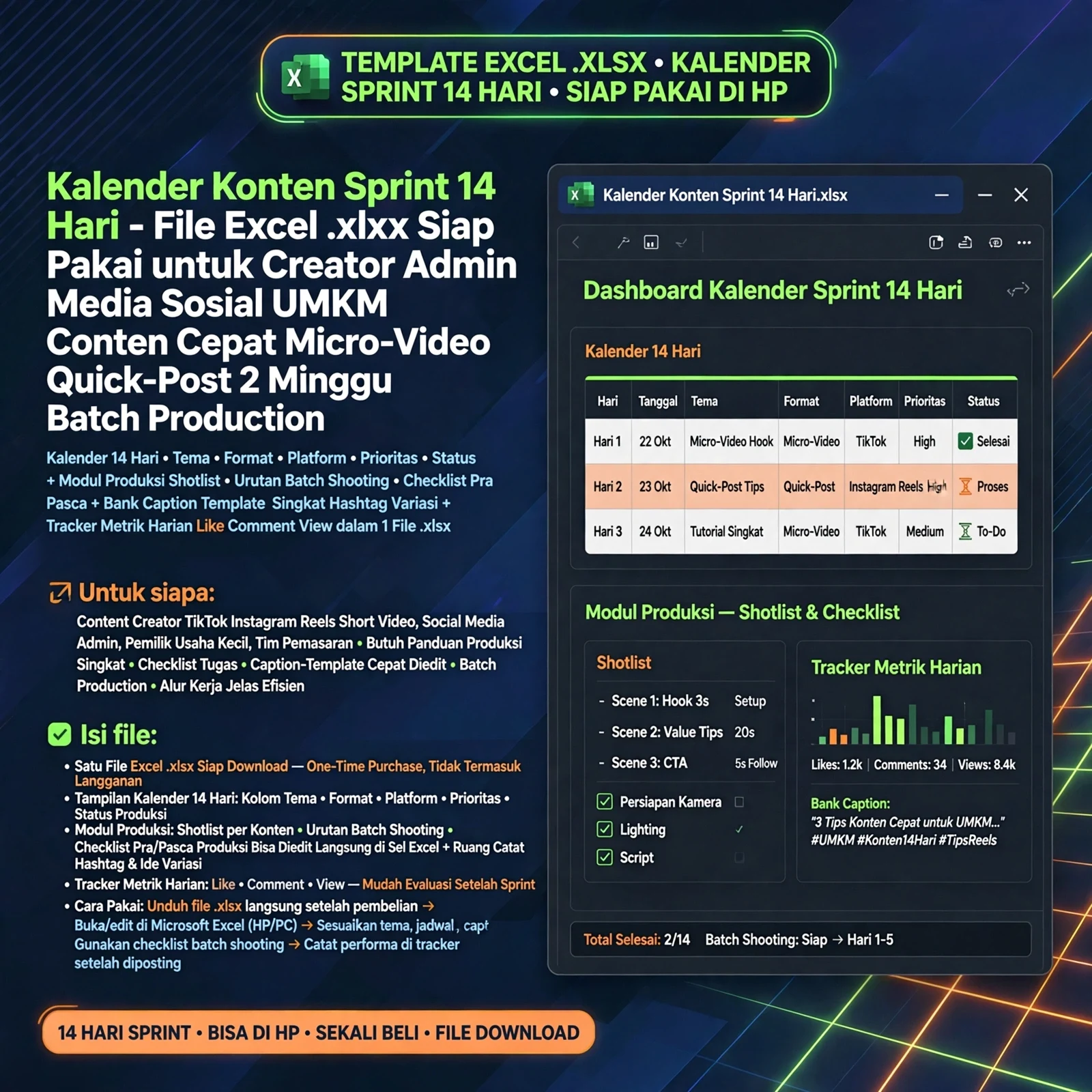 Kalender Konten Sprint 14 Hari (Excel)