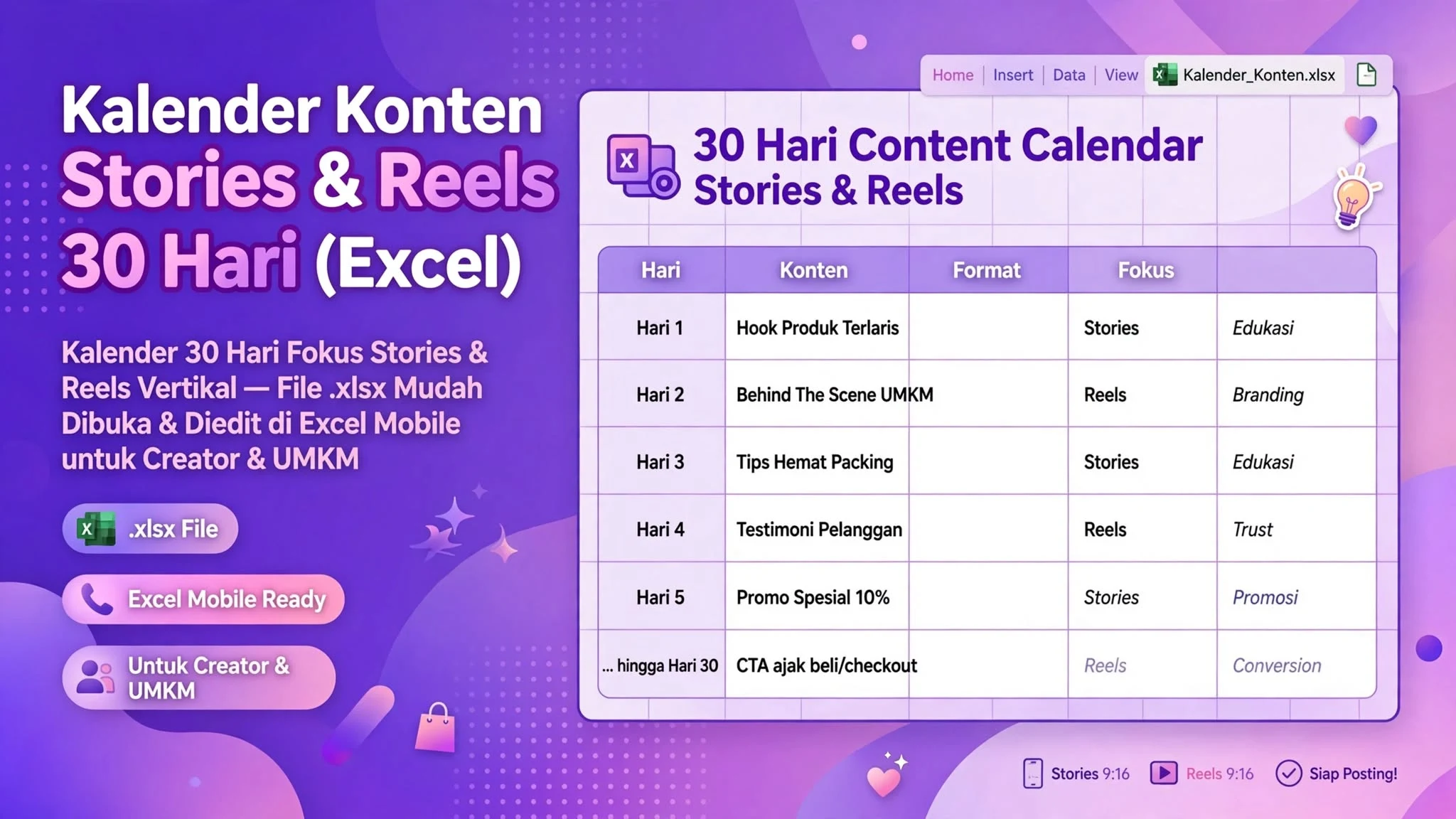 Kalender Konten Stories & Reels 30 Hari (Excel)