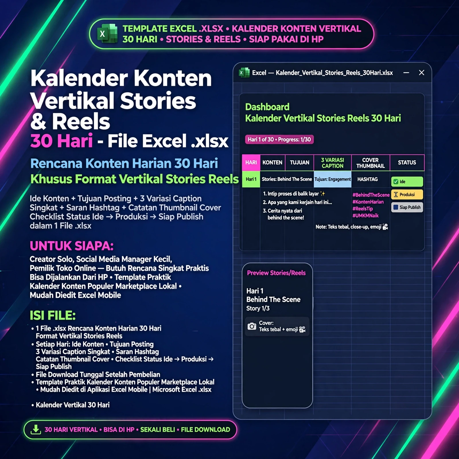 Kalender Konten Stories & Reels 30 Hari (Excel)