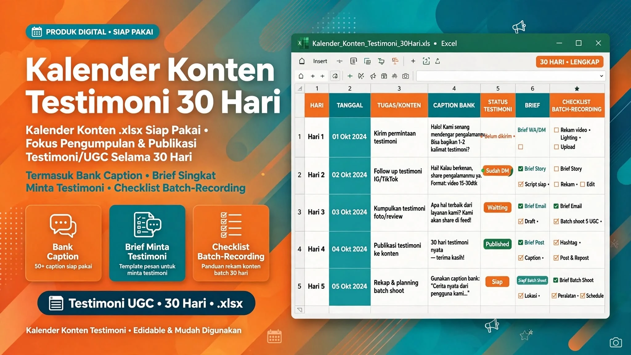 Kalender Konten Testimoni 30 Hari
