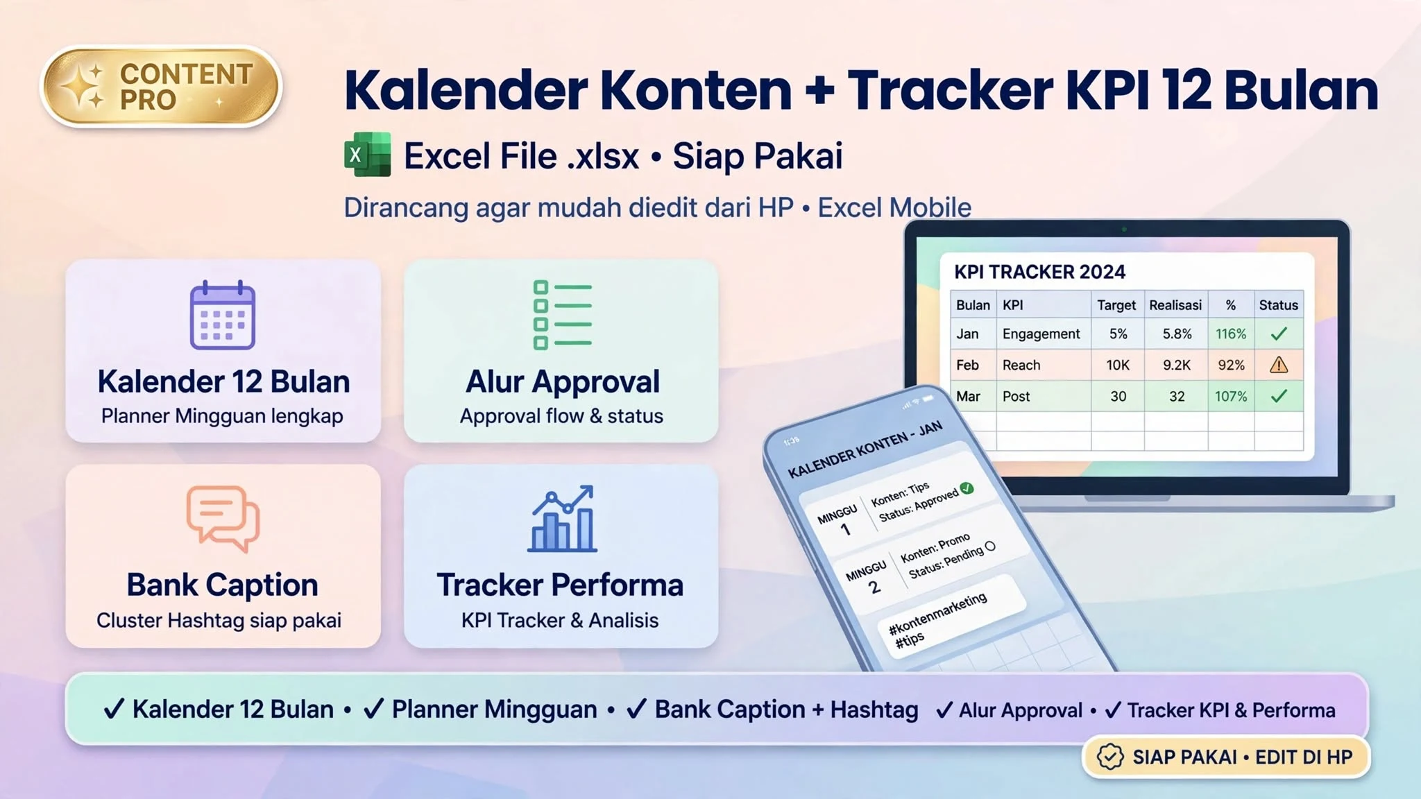 Kalender Konten + Tracker KPI 12 Bulan (Excel)