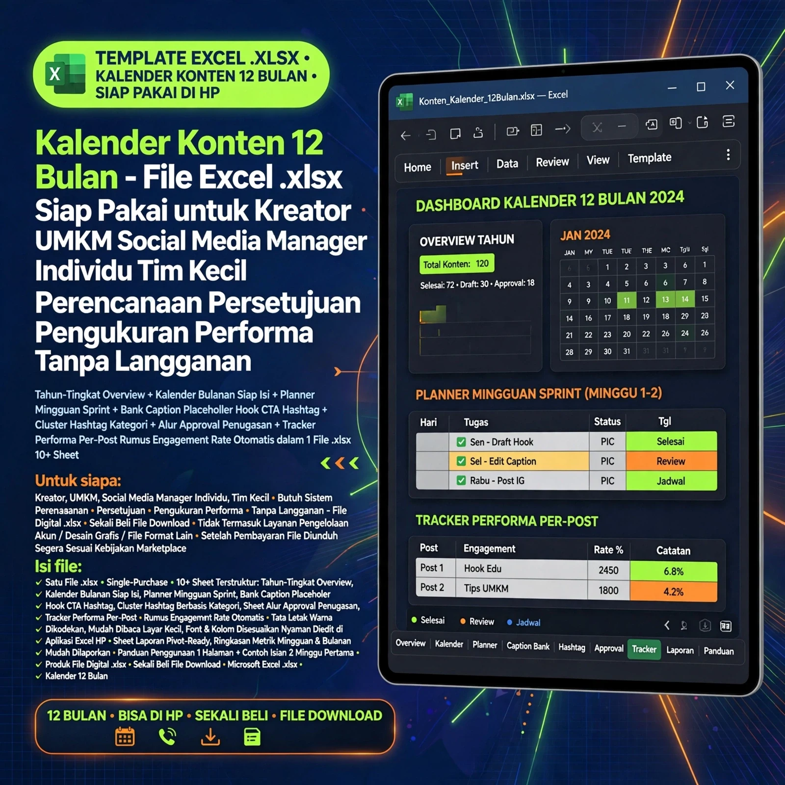 Kalender Konten + Tracker KPI 12 Bulan (Excel)