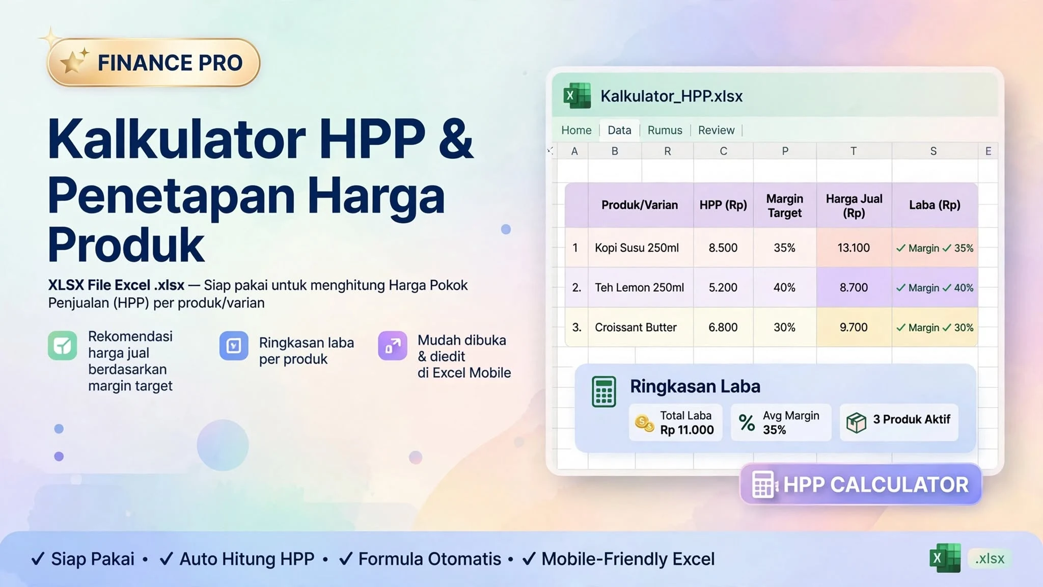 Kalkulator HPP & Penetapan Harga Produk (XLSX)