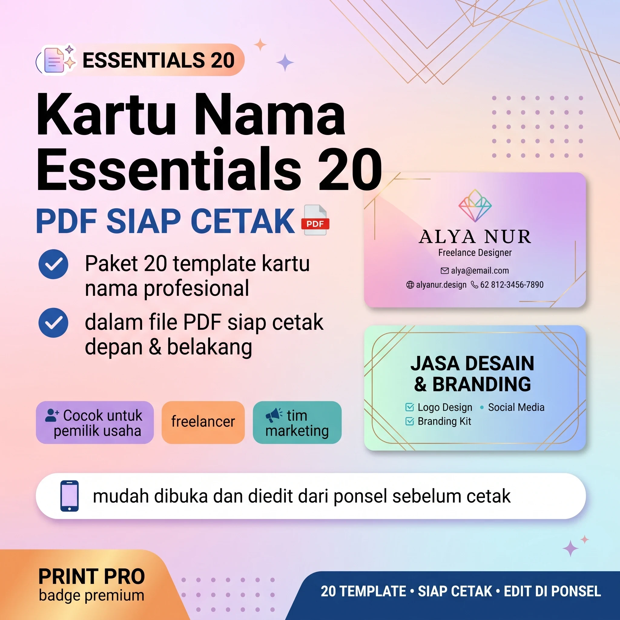 Kartu Nama Essentials 20 PDF Siap Cetak - foto 1