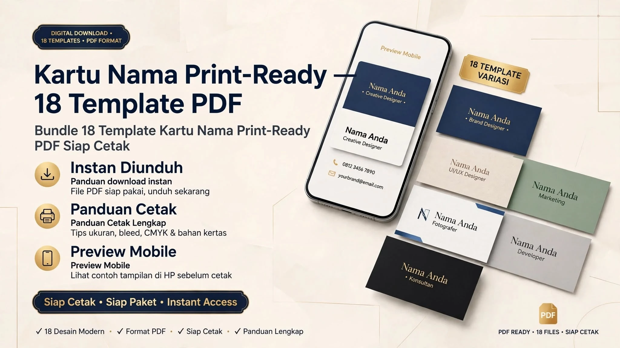 Kartu Nama Print-Ready — 18 Template PDF