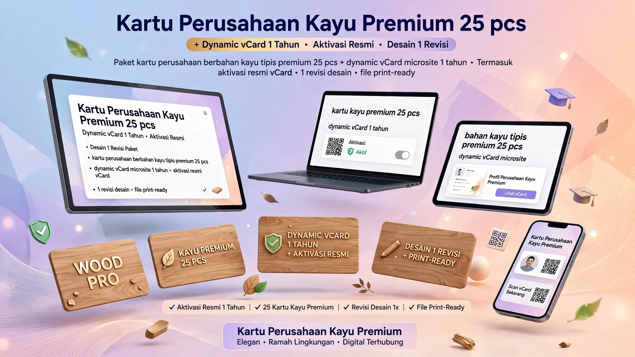 Kartu Perusahaan Kayu Premium 25 pcs + Dynamic vCard 1 Tahun (Aktivasi Resmi + Desain 1 Revisi)