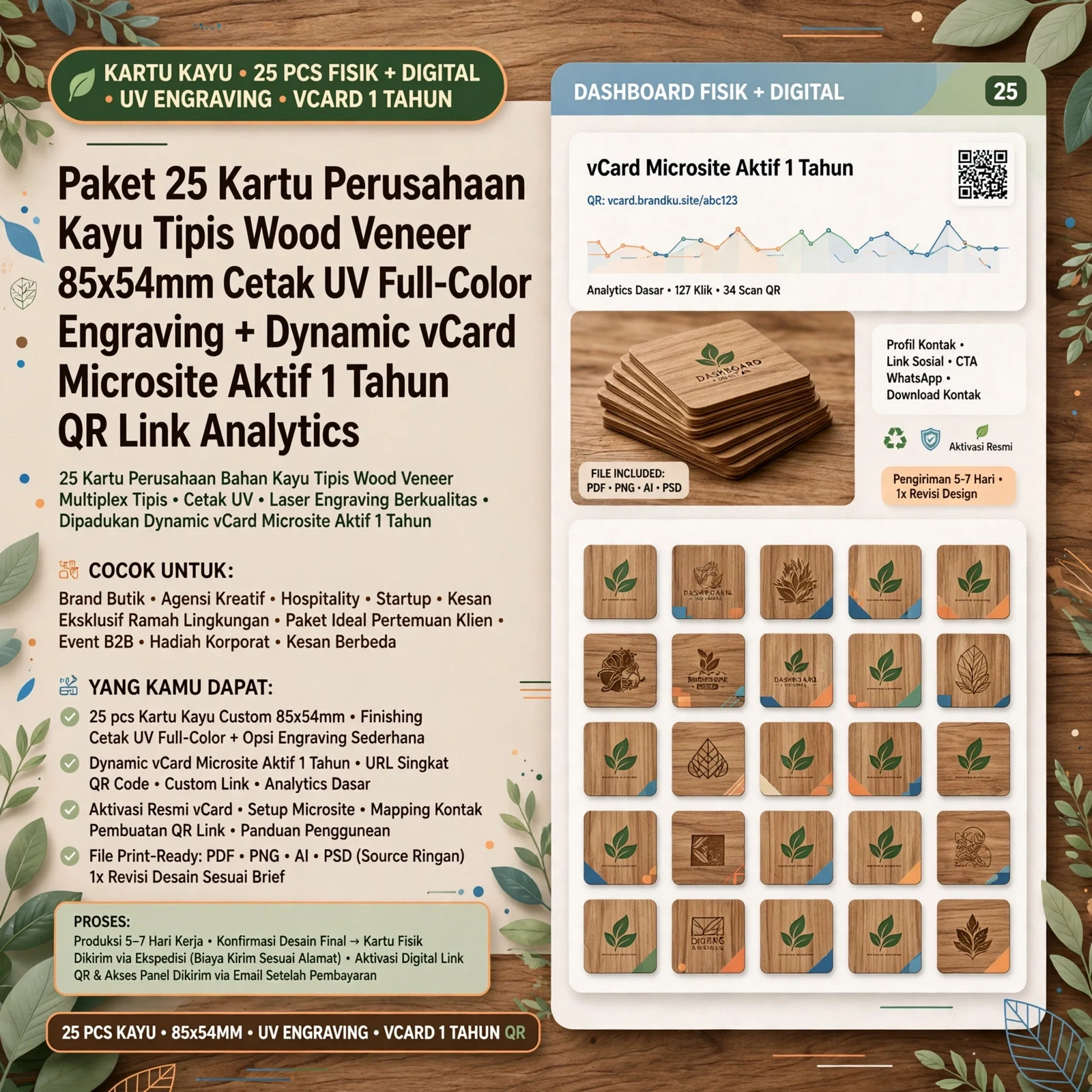 Kartu Perusahaan Kayu Premium 25 pcs + Dynamic vCard 1 Tahun (Aktivasi Resmi + Desain 1 Revisi)