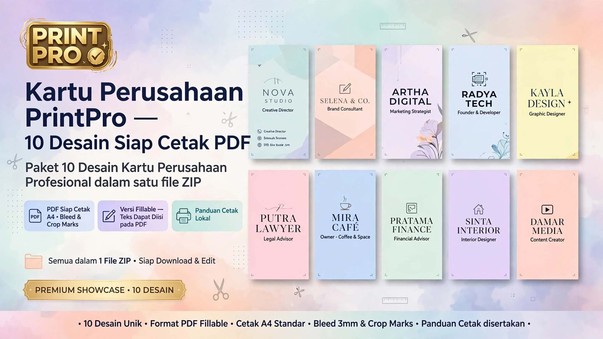 Kartu Perusahaan PrintPro — 10 Desain Siap Cetak PDF