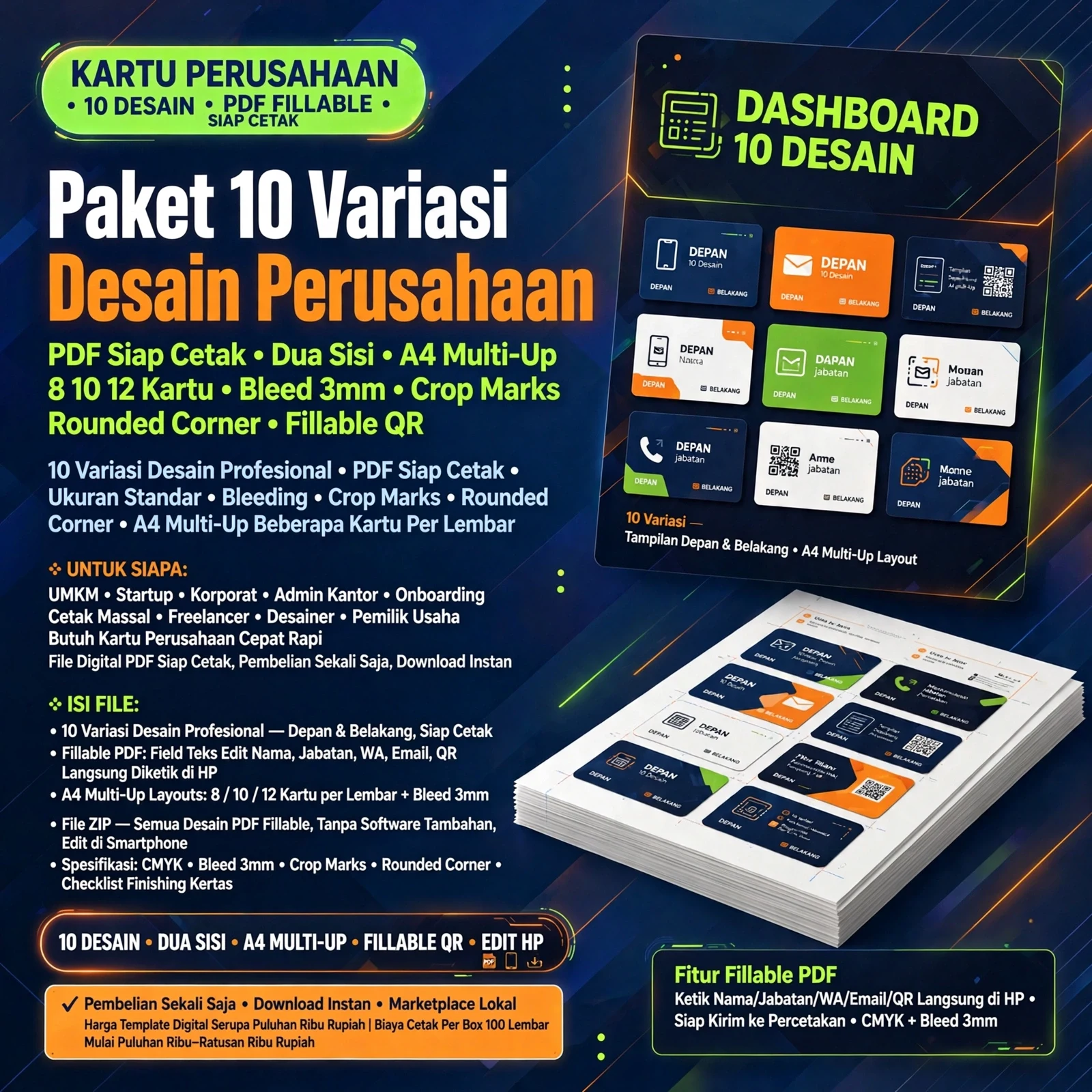 Kartu Perusahaan PrintPro — 10 Desain Siap Cetak PDF