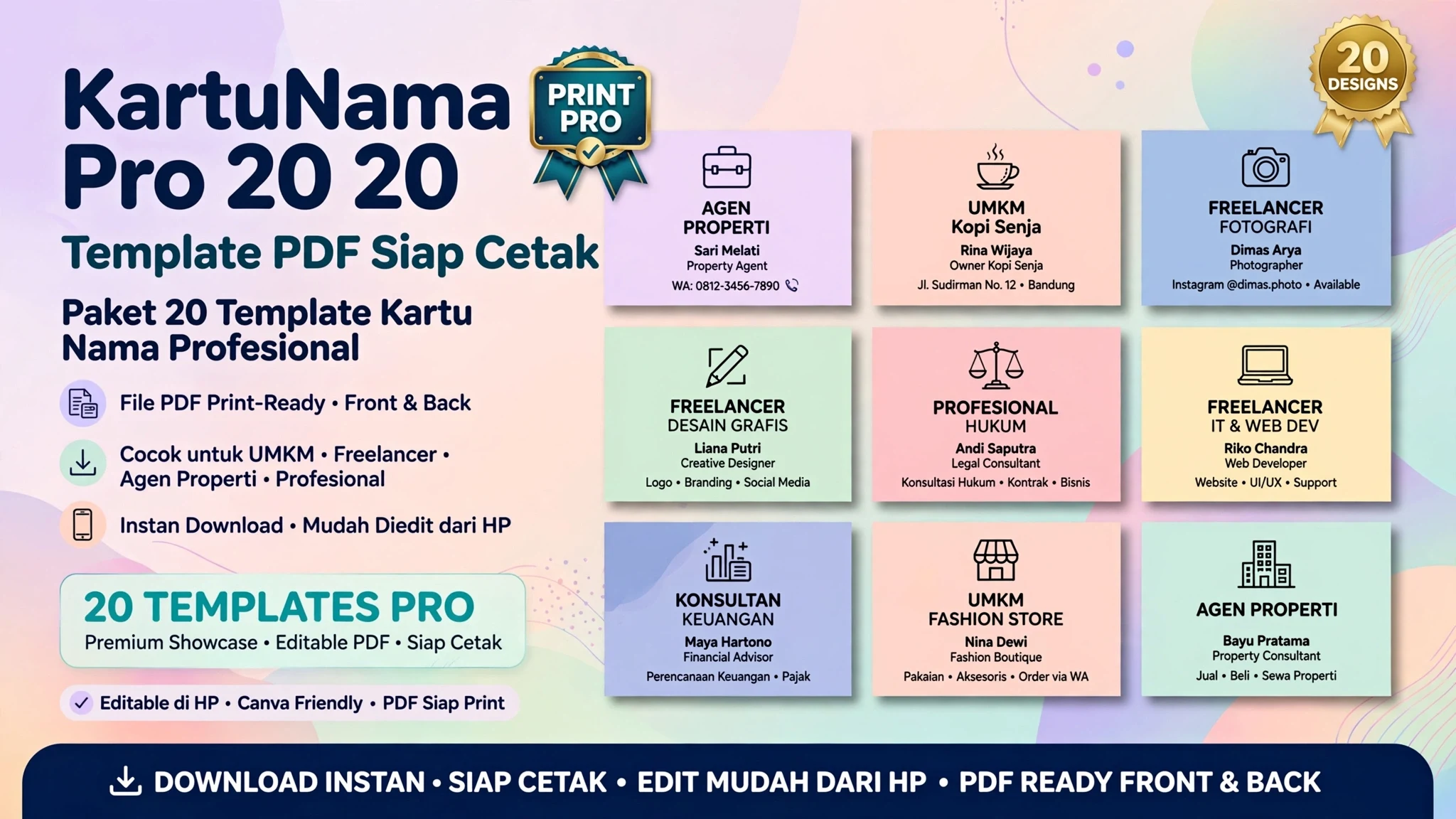 KartuNama Pro 20 — 20 Template PDF Siap Cetak