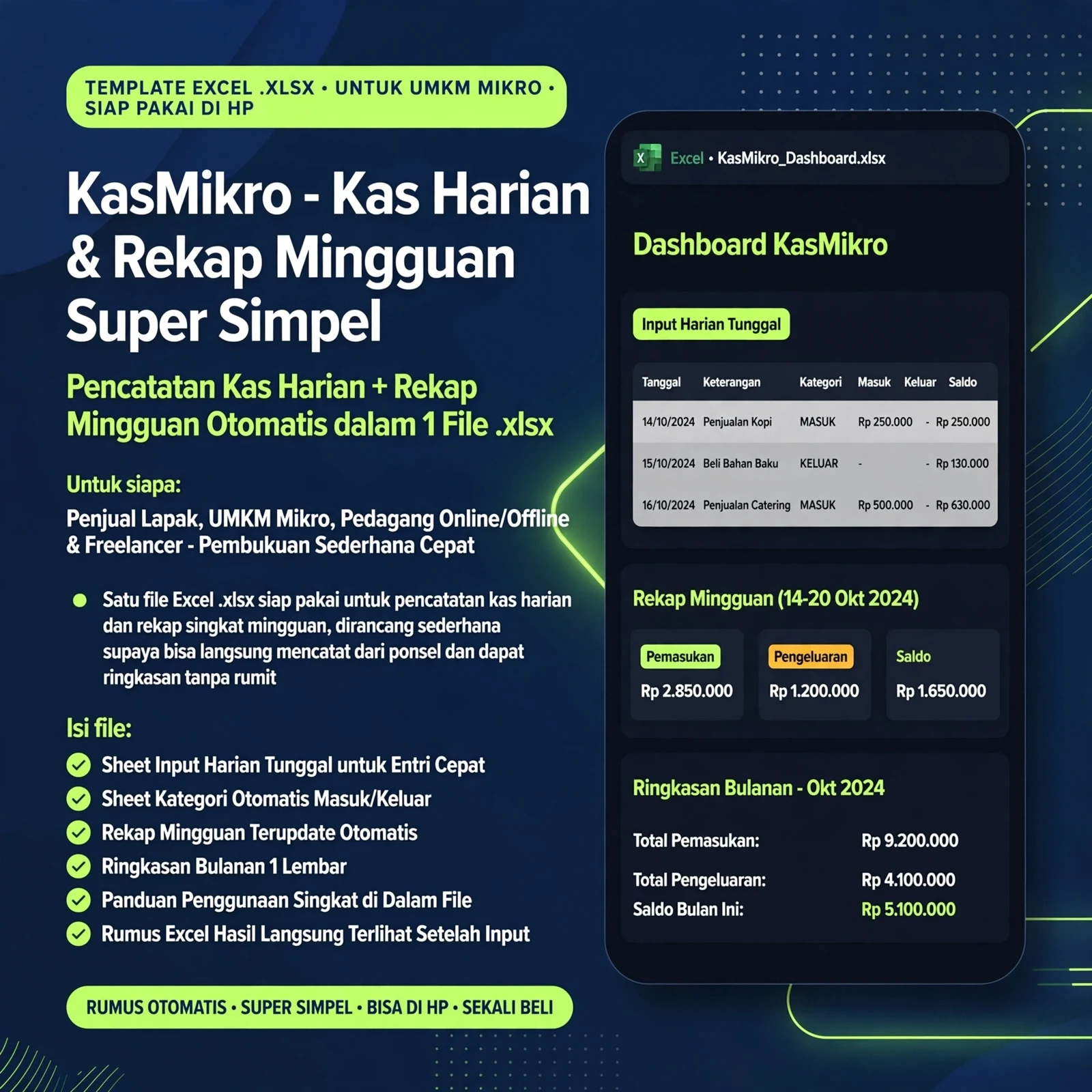 KasMikro: Excel Kas Harian & Ringkasan Mingguan