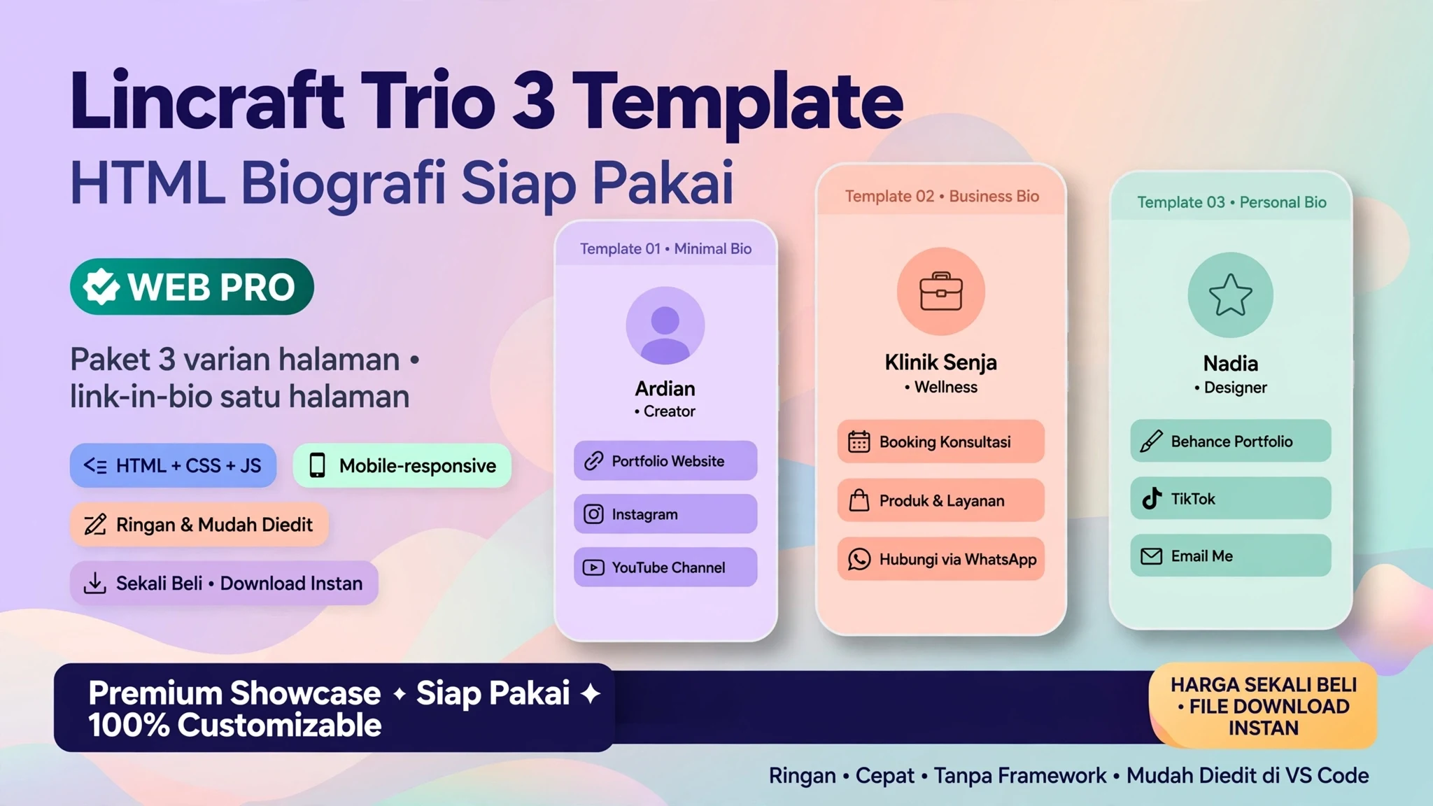 Lincraft Trio — 3 Template HTML Biografi Siap Pakai