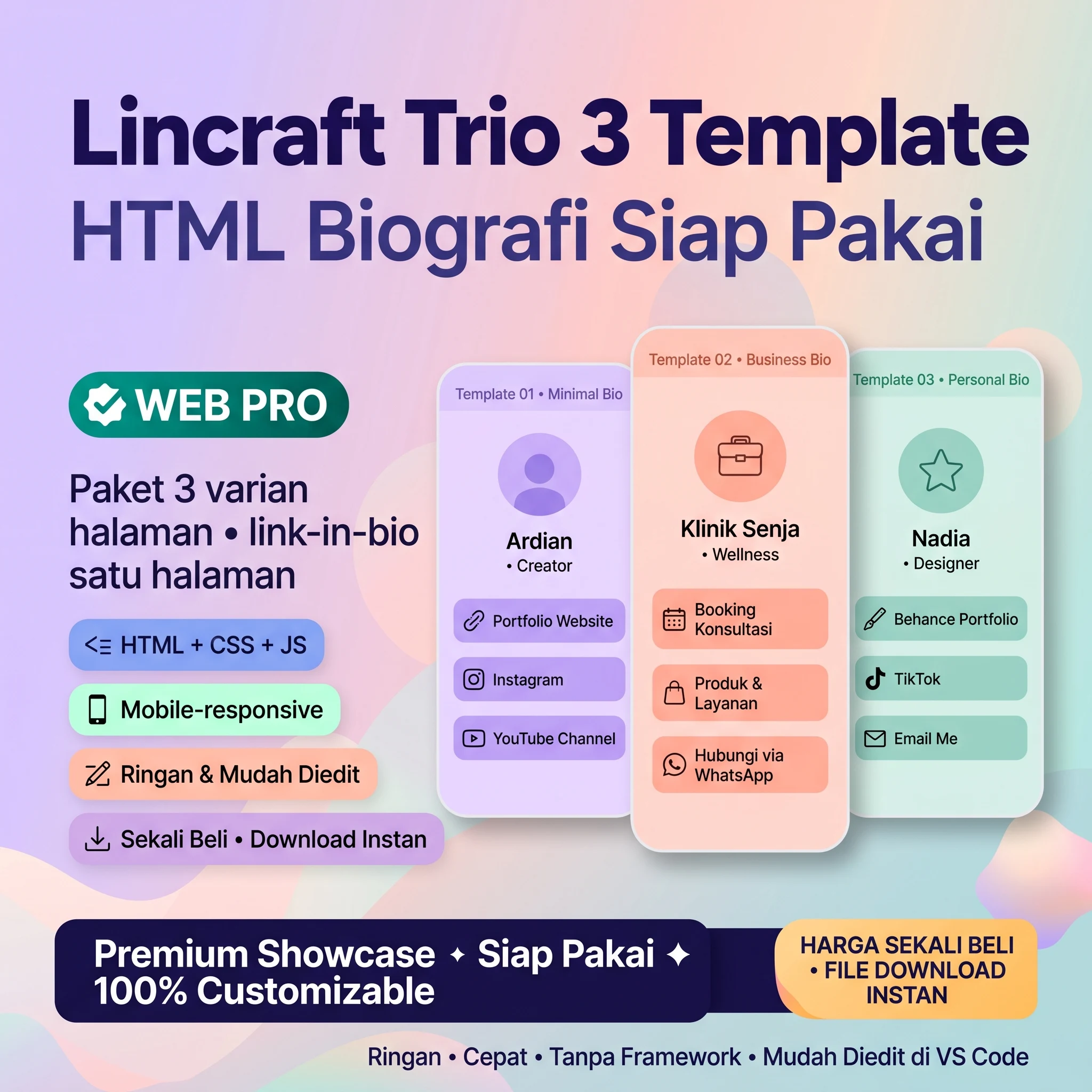 Lincraft Trio — 3 Template HTML Biografi Siap Pakai