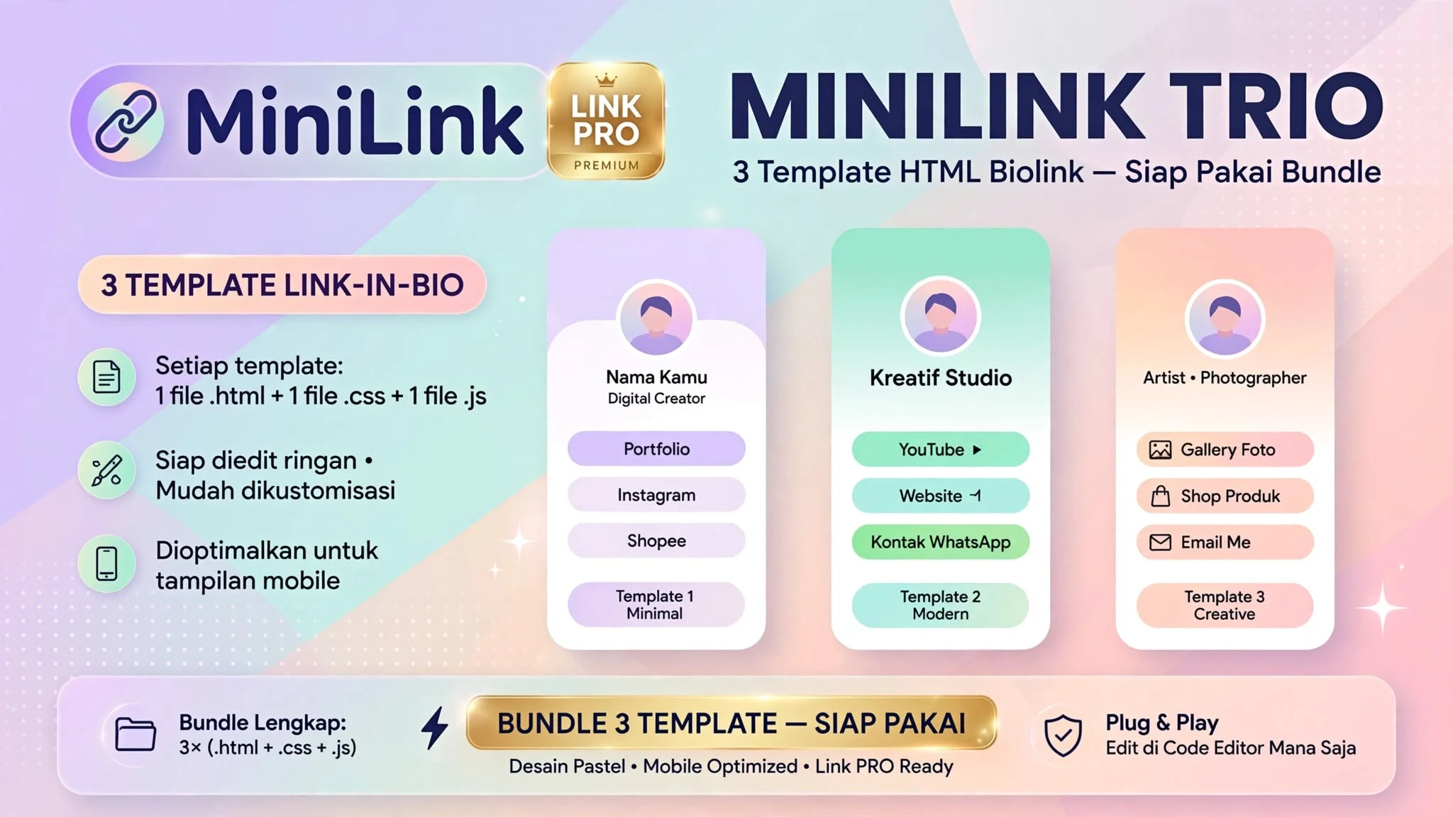 MiniLink Trio — 3 Template HTML Biolink Siap Pakai