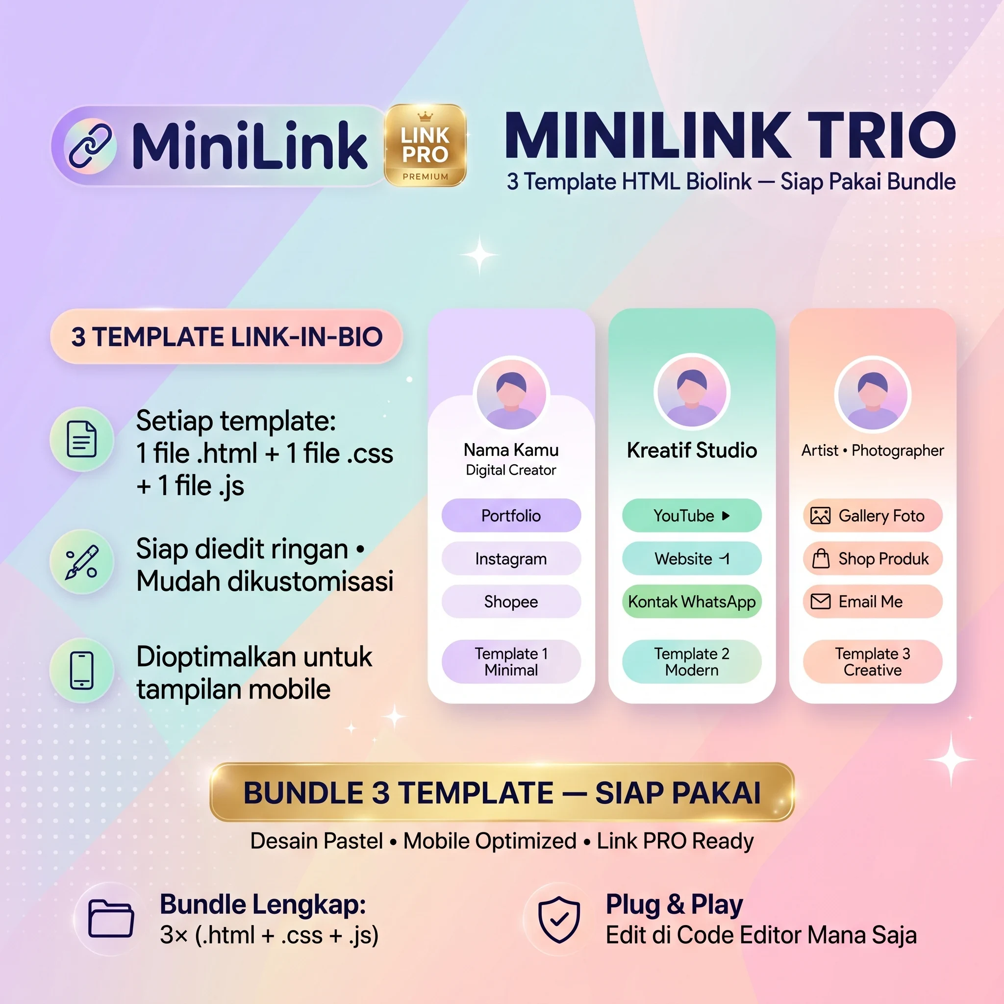 MiniLink Trio — 3 Template HTML Biolink Siap Pakai - foto 1