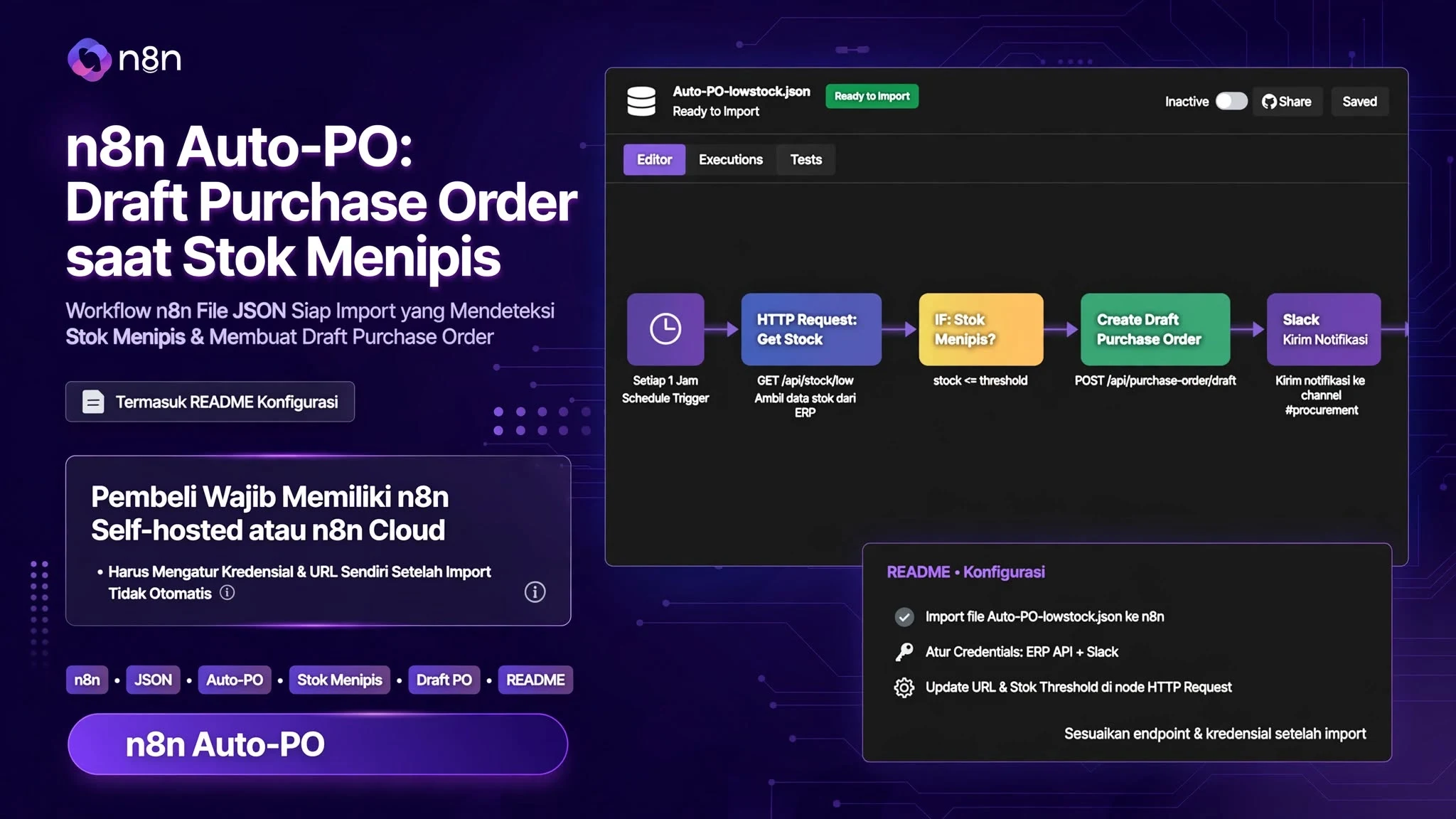n8n Auto-PO: Draft Purchase Order saat Stok Menipis