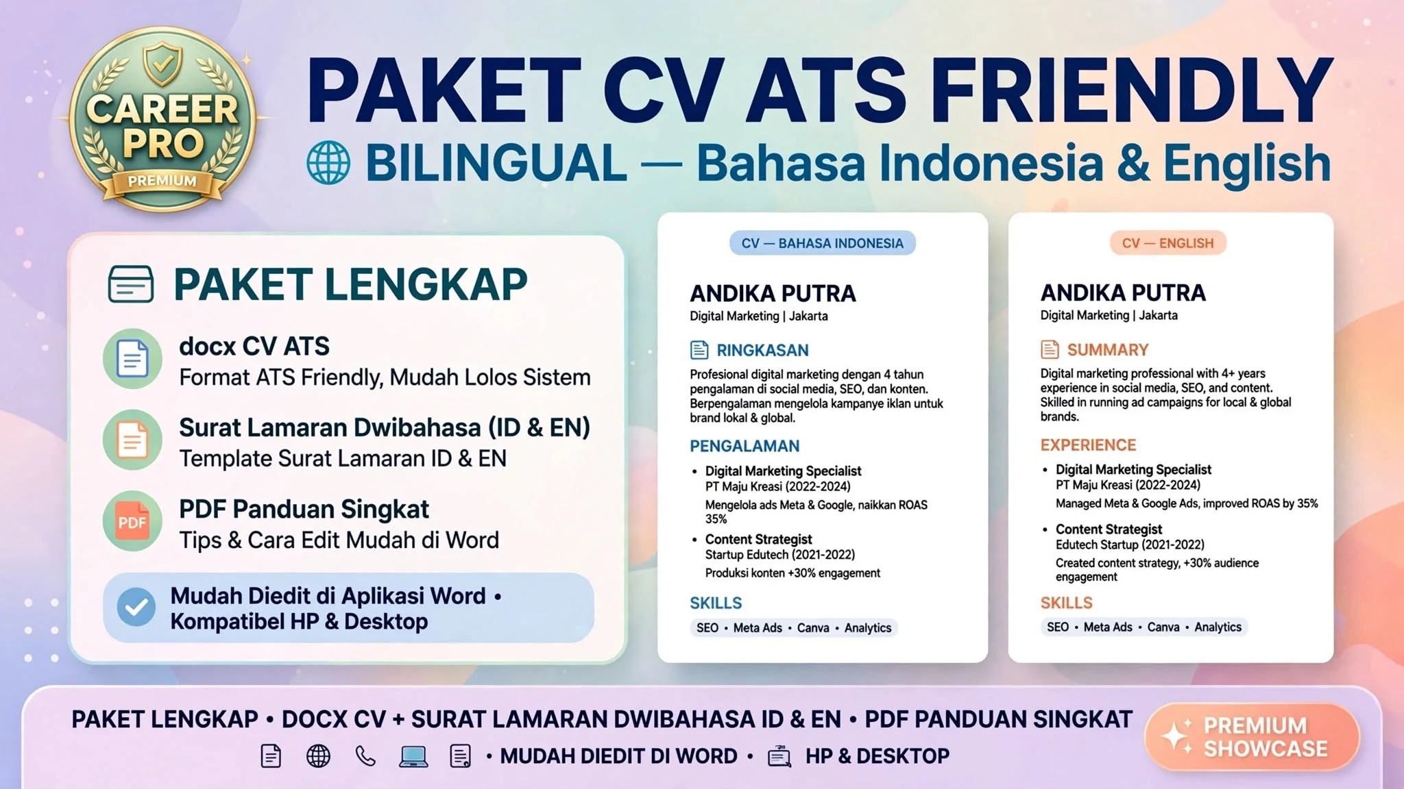 Paket CV ATS Friendly Bilingual — Bahasa Indonesia & Inggris