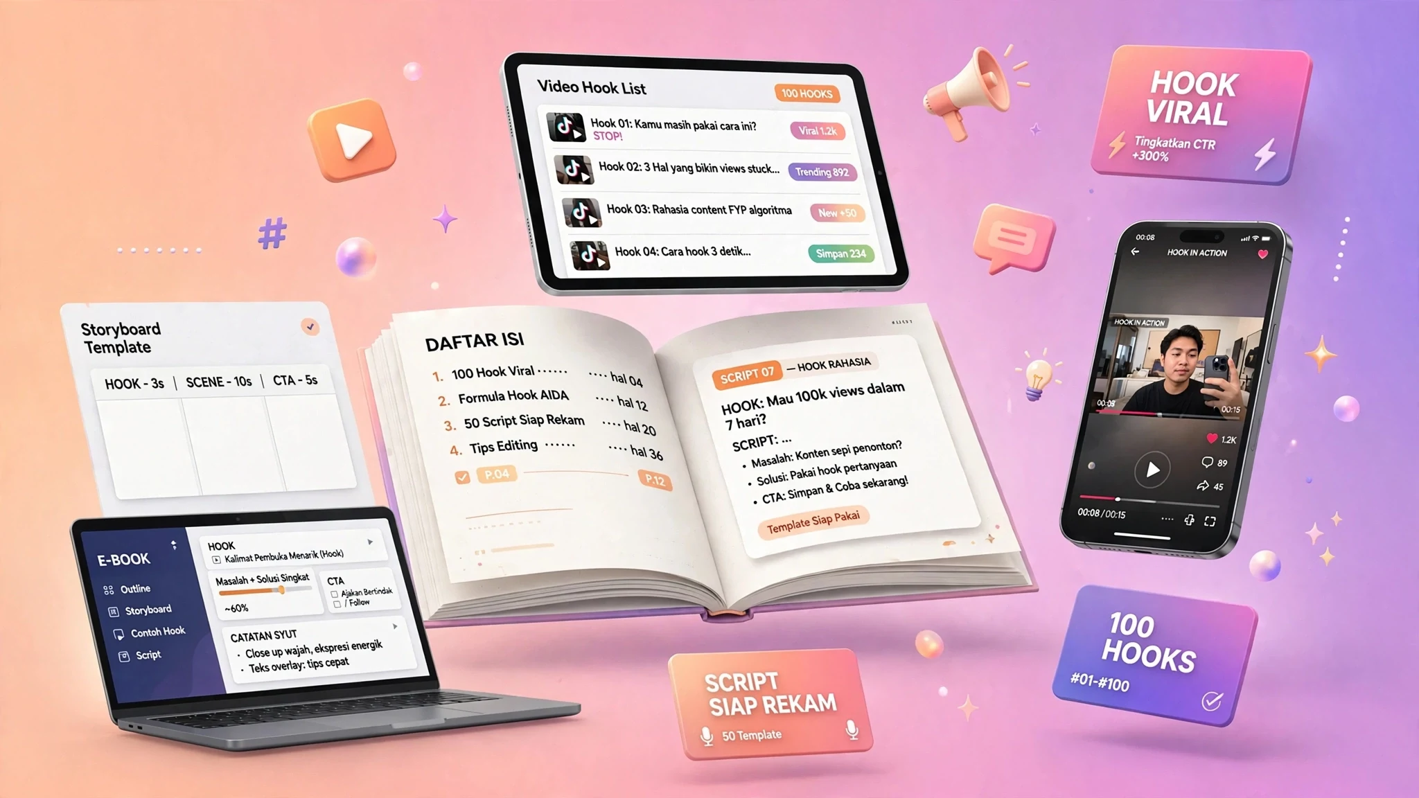 Panduan Script & Hook Video Pendek: 100 Hook + 50 Script Siap Rekam + Template Caption & Storyboard (E-book)
