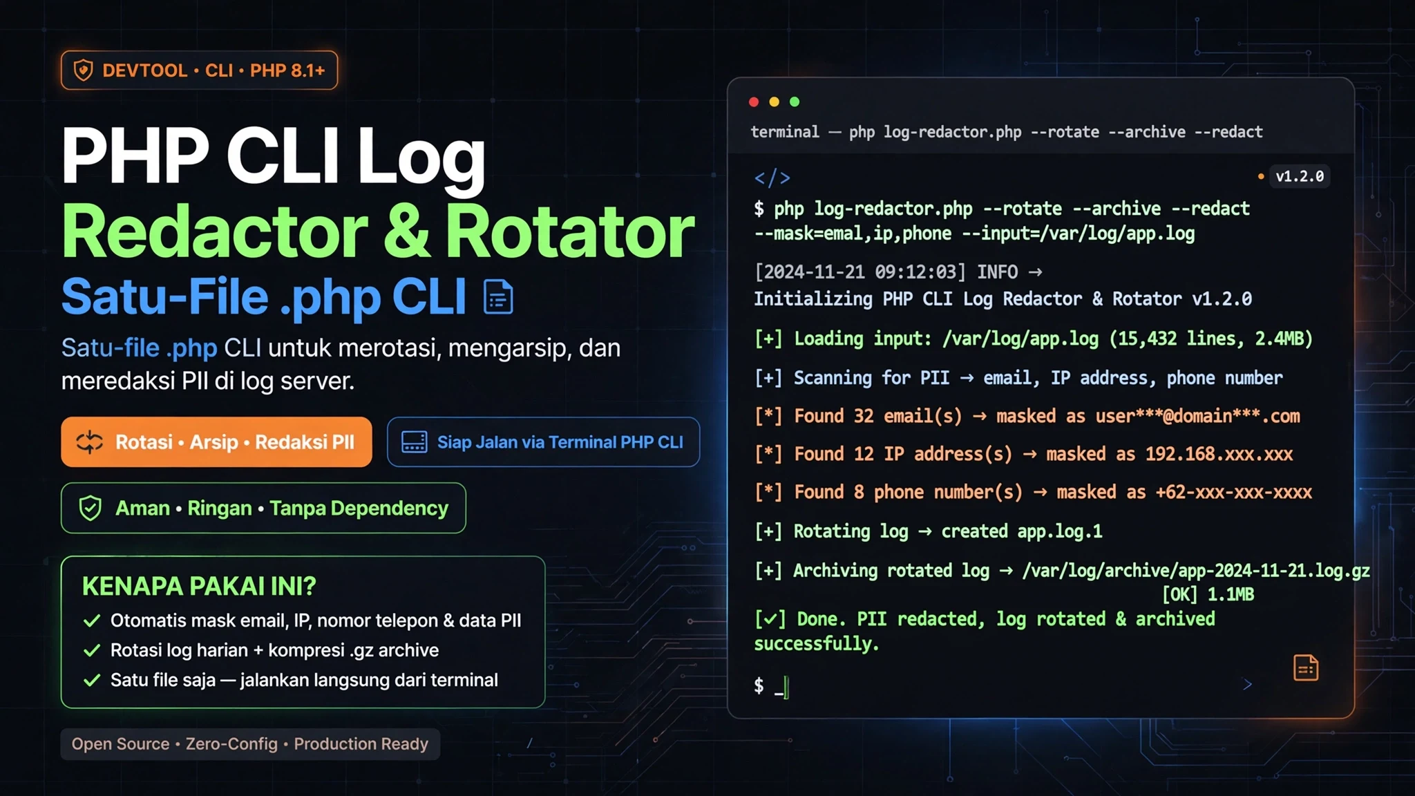 PHP CLI Log Redactor & Rotator