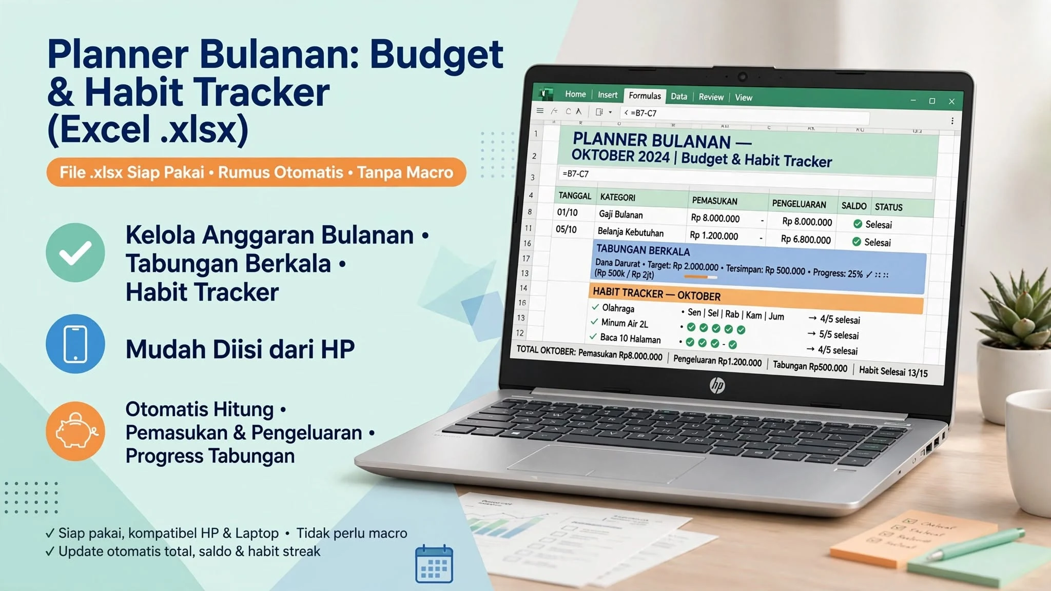 Planner Bulanan: Budget & Habit Tracker (Excel .xlsx)