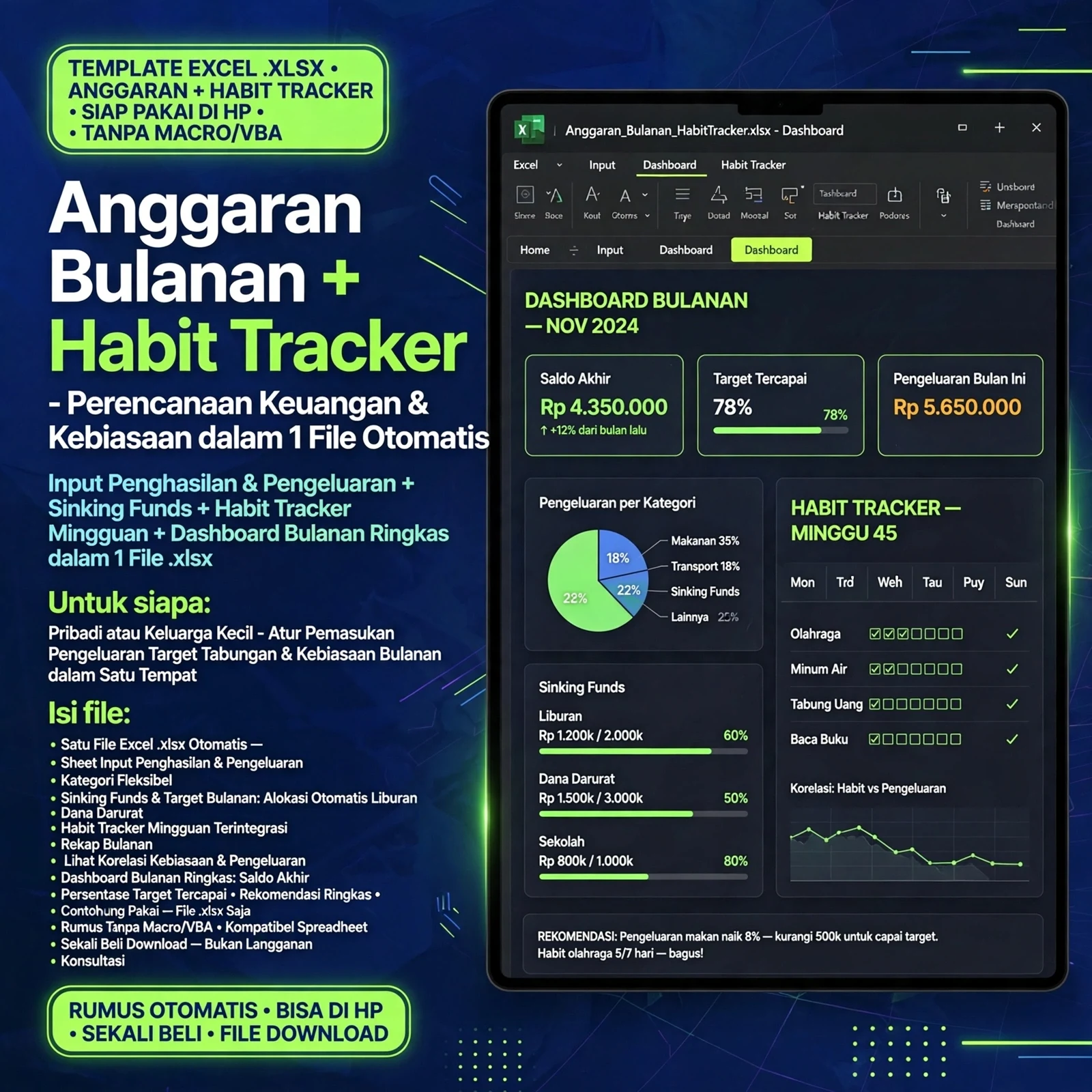 Planner Bulanan: Budget & Habit Tracker (Excel .xlsx)
