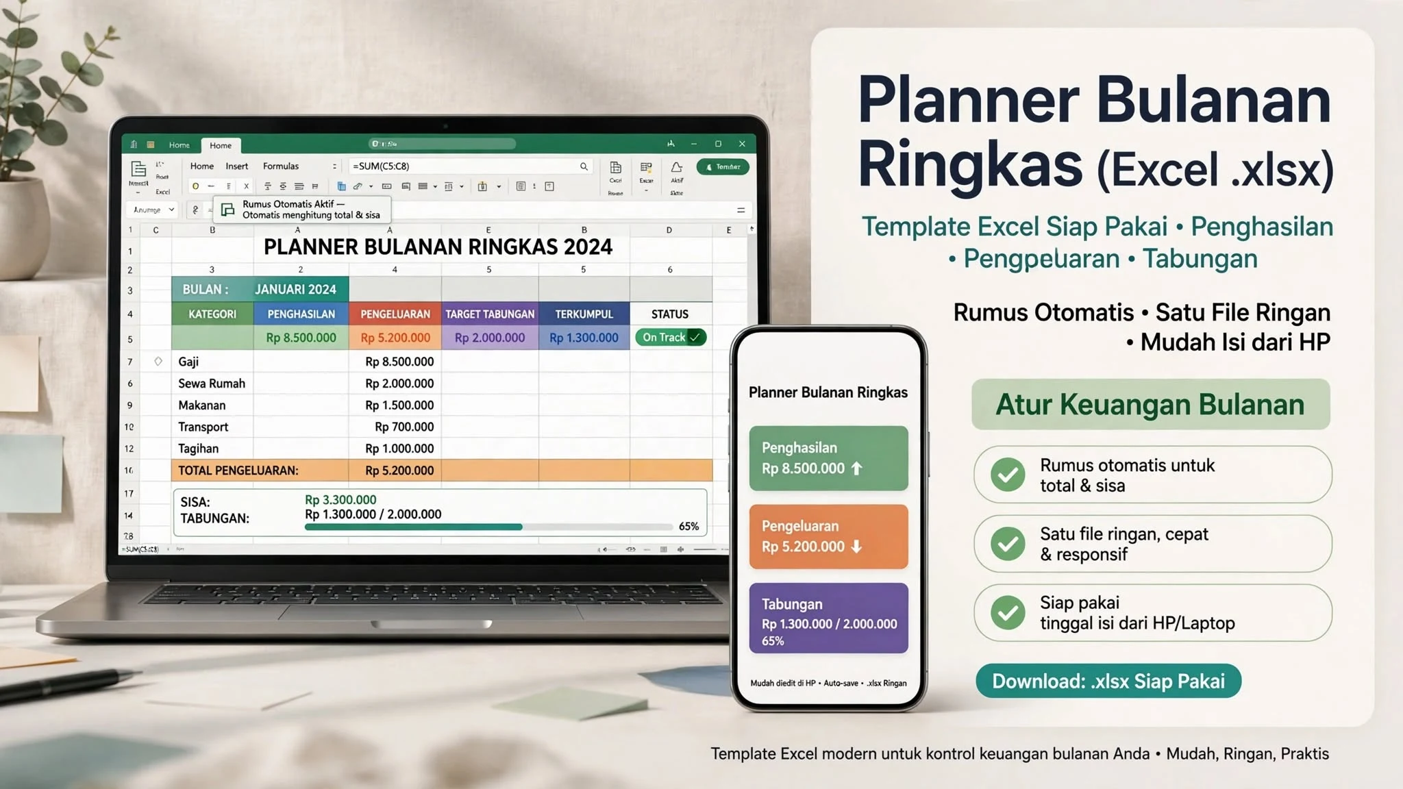 Planner Bulanan Ringkas (Excel .xlsx)