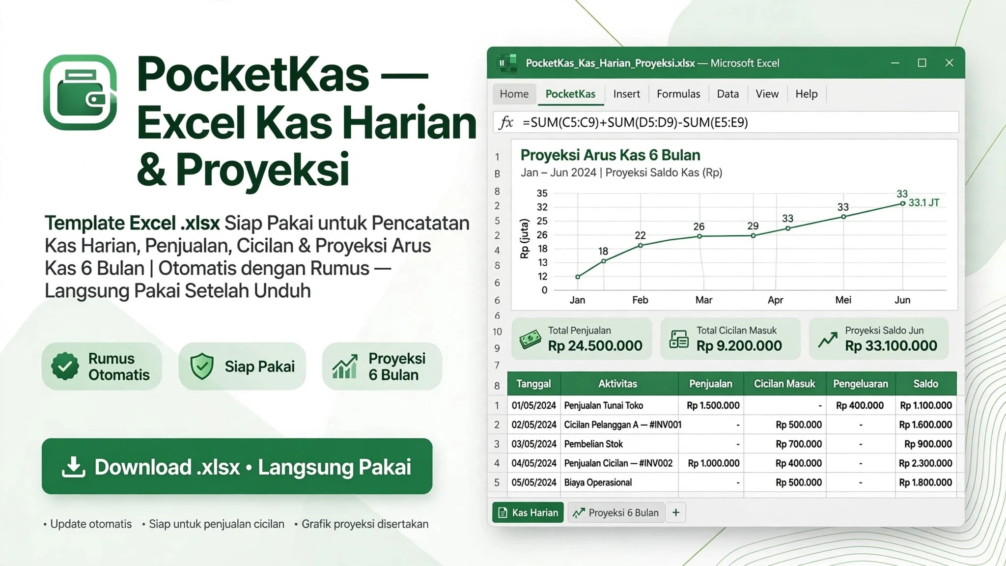 PocketKas — Excel Kas Harian & Proyeksi