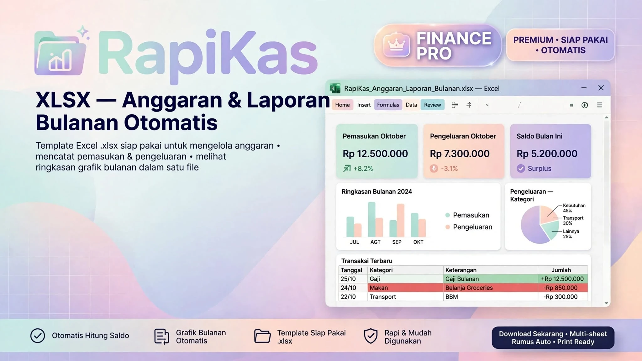 RapiKas XLSX — Anggaran & Laporan Bulanan Otomatis