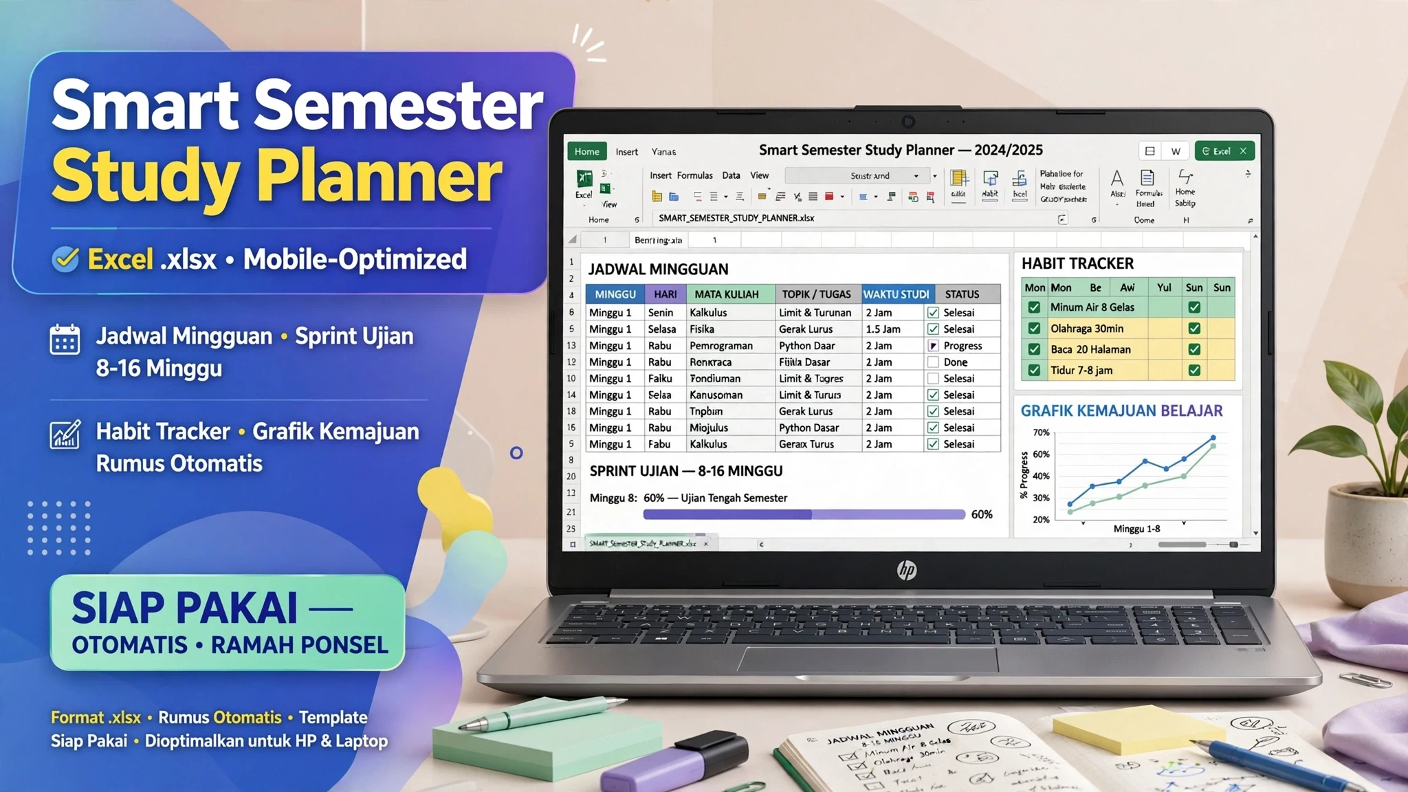 Smart Semester Study Planner (Excel .xlsx)