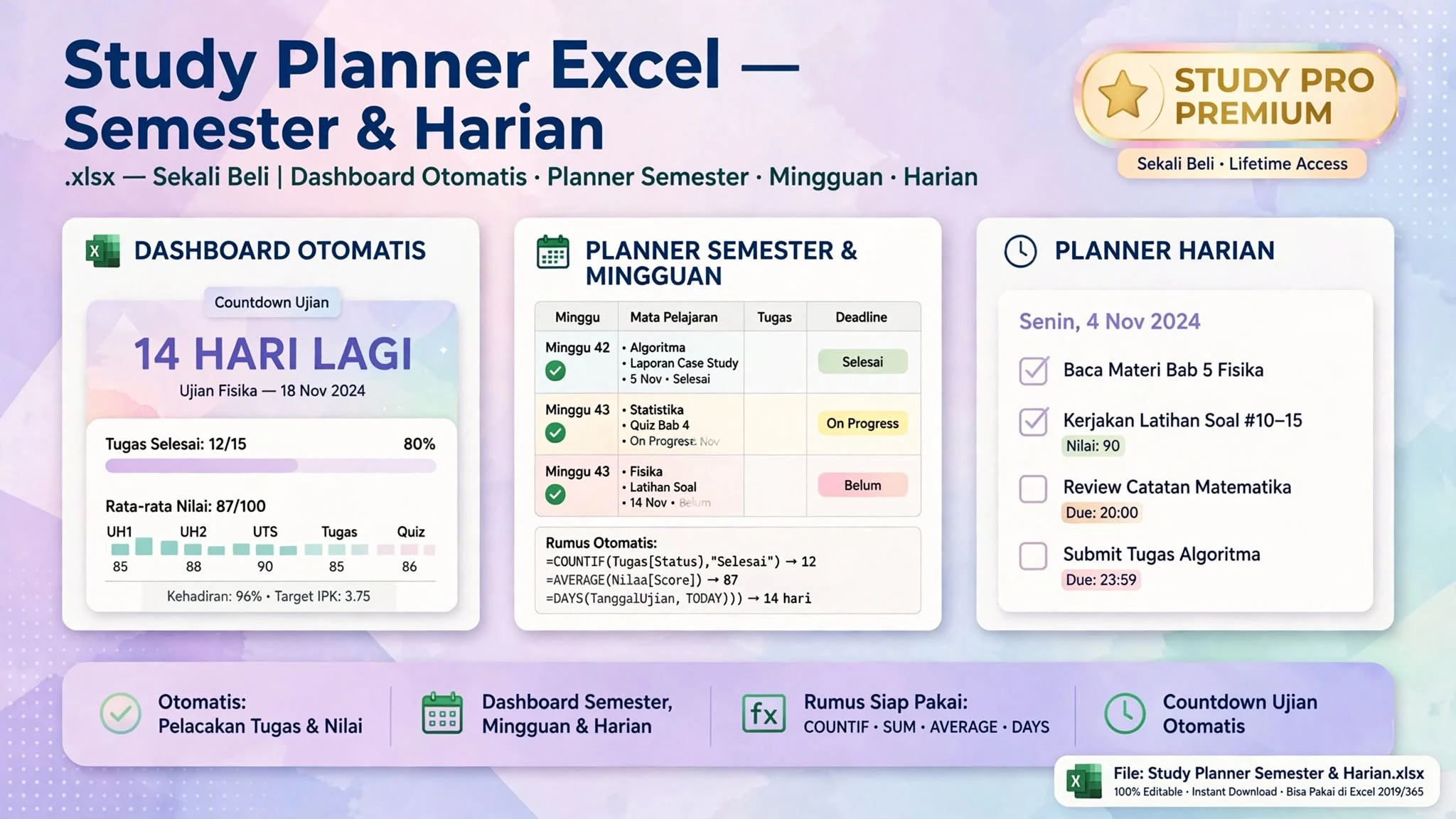 Study Planner Excel Semester & Harian (.xlsx)