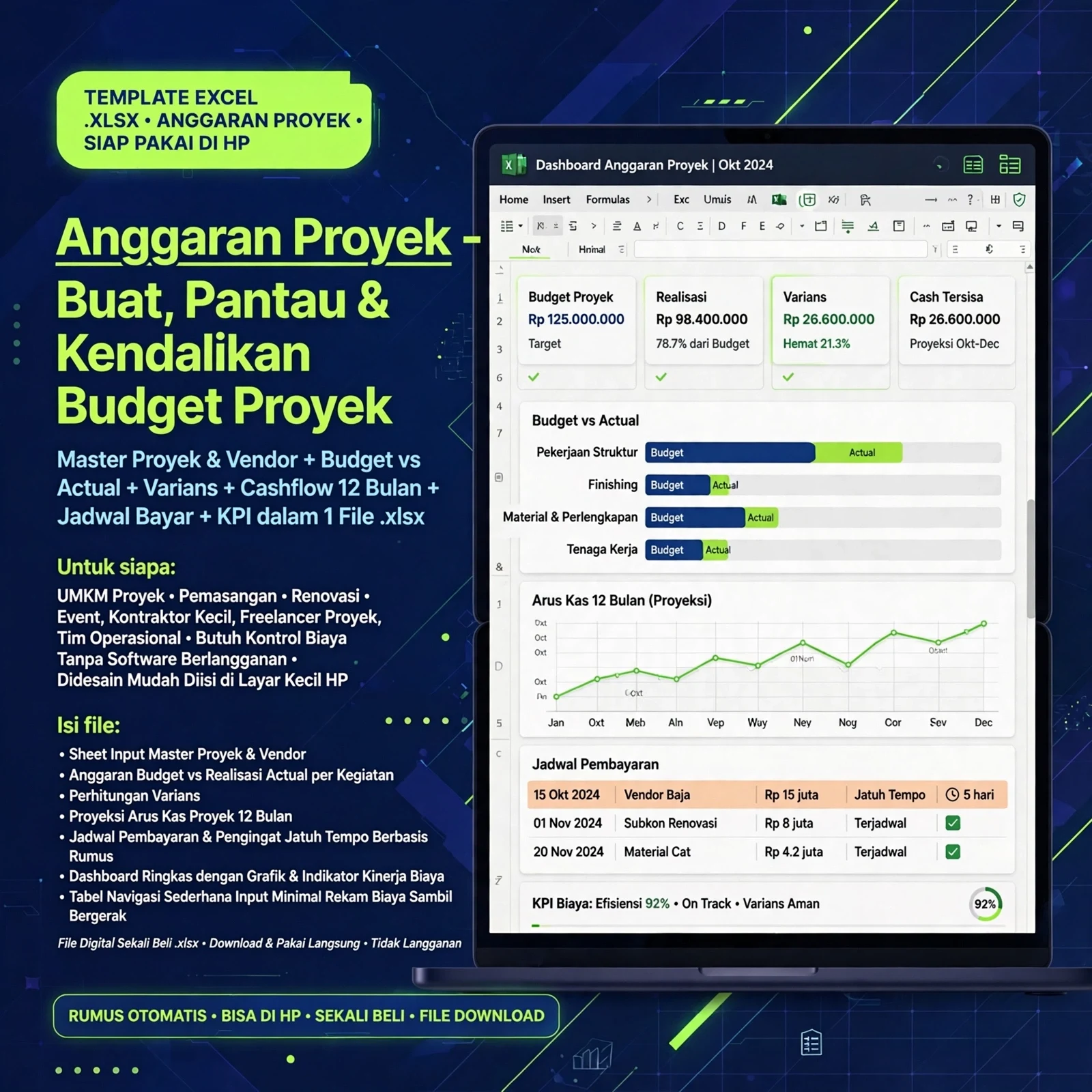 Template Excel Anggaran & Kontrol Biaya Proyek (XLSX)