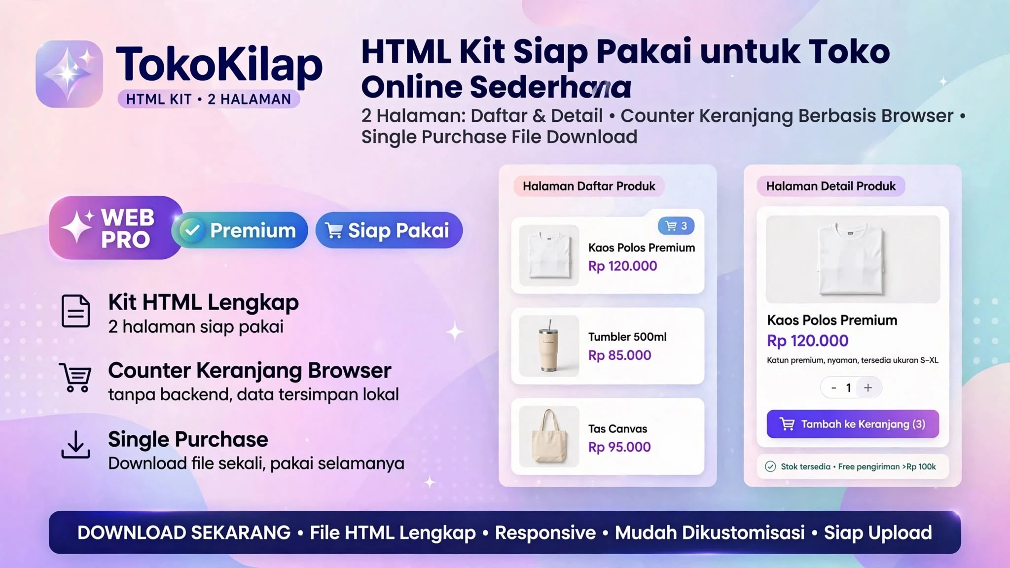 TokoKilap HTML Kit — 2 Halaman Daftar & Detail