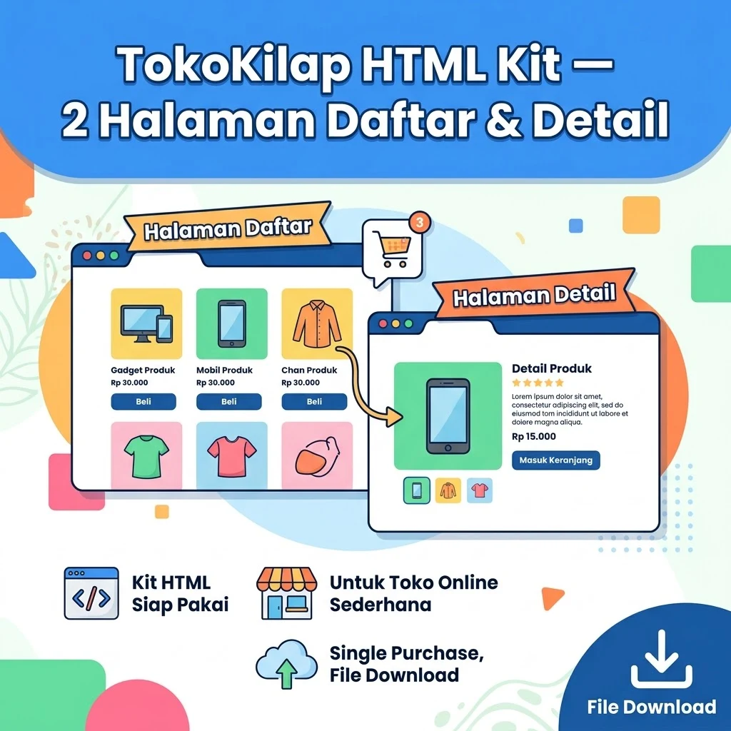 TokoKilap HTML Kit — 2 Halaman Daftar & Detail